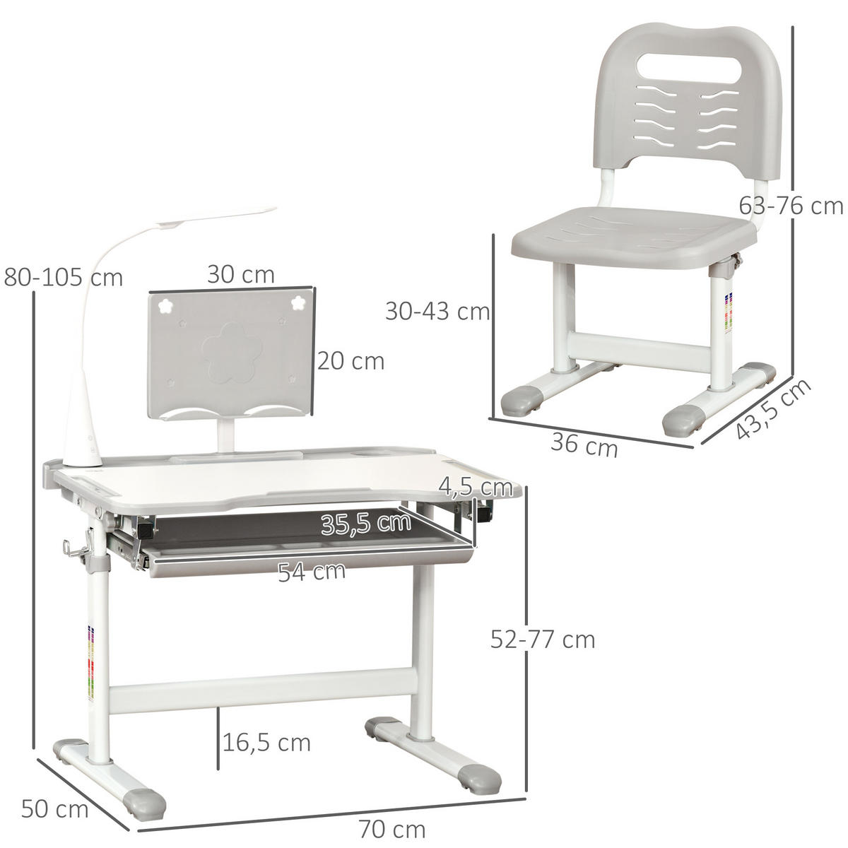 SCHREIBTISCH-SET DE-17501 höhenverstellbar mit LED-Lampe Grau - Grau, Kunststoff (70/105/50cm) - ComfortXL