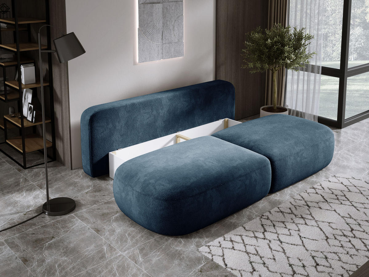 SCHLAFSOFA Moderne BABU mit Schlaffunktion – 3-Sitzer Sofa mit Bettkasten, DL-Automat, 2 Rückenkissen, 2 Zierkissen, 240x90x90 cm, Blau - Blau, Holz/Textil (240/90/90cm) - DomoHome
