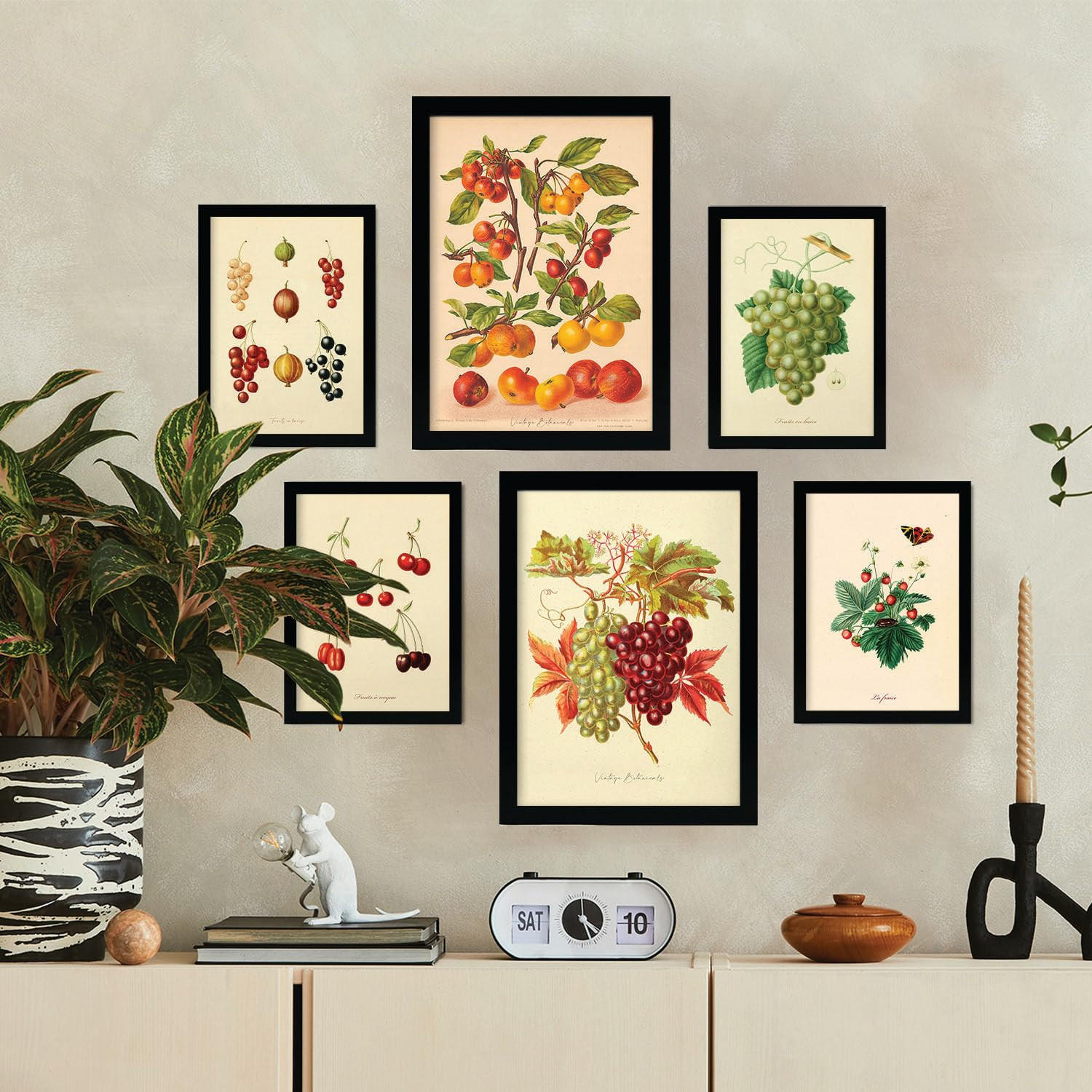 POSTER Set Mit 6 Beeren In Vintage A3 & A4 Schwarzer Rahmen - Schwarz, Papier (29/3cm) - Nacnic