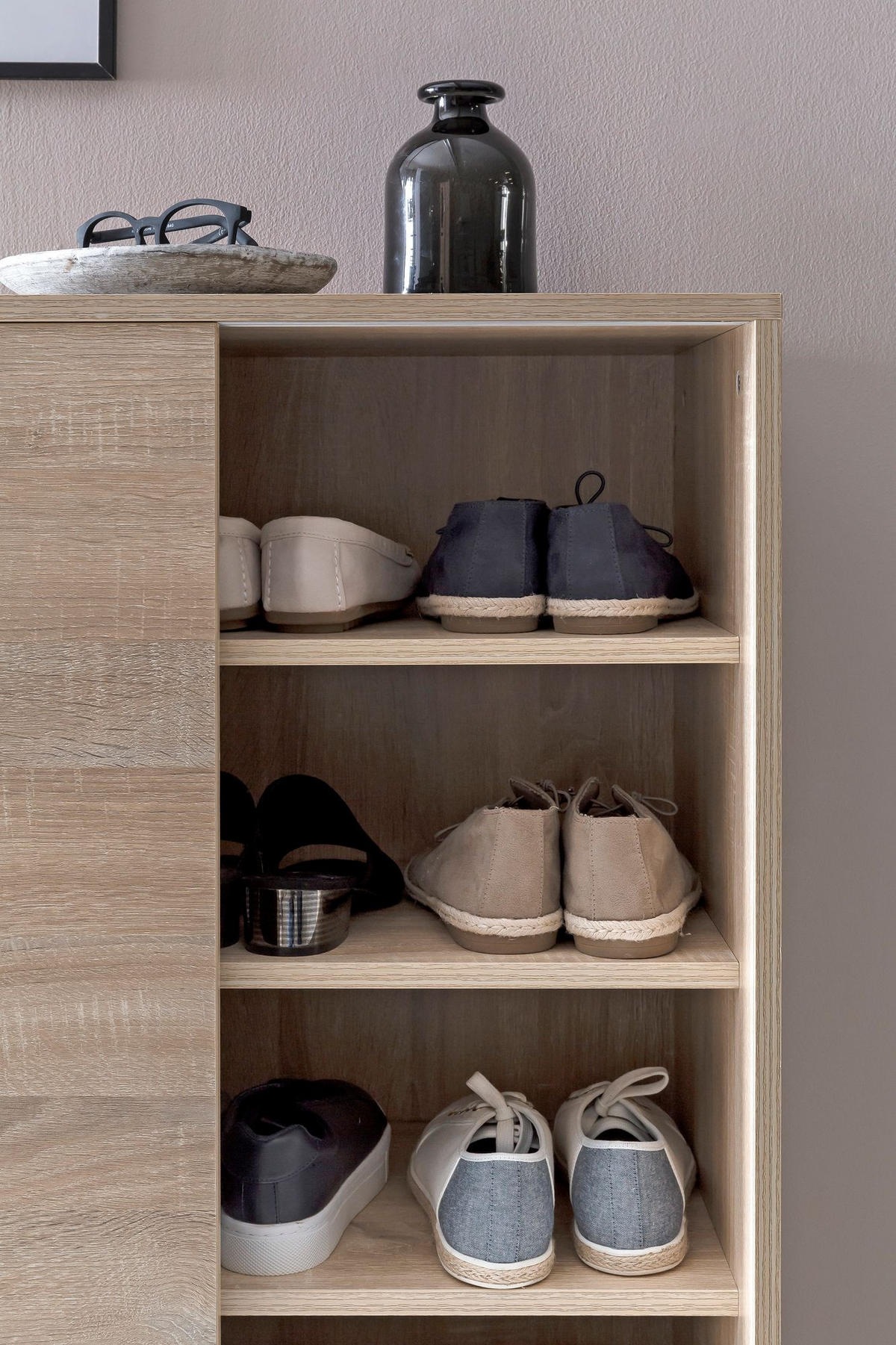 SCHUHSCHRANK Holz für 20 Paar Schuhe mit Schiebetüren, Beige 100x38x108 cm - Beige/Silberfarben, Holz/Kunststoff (100/108/38cm) - KADIMA DESIGN