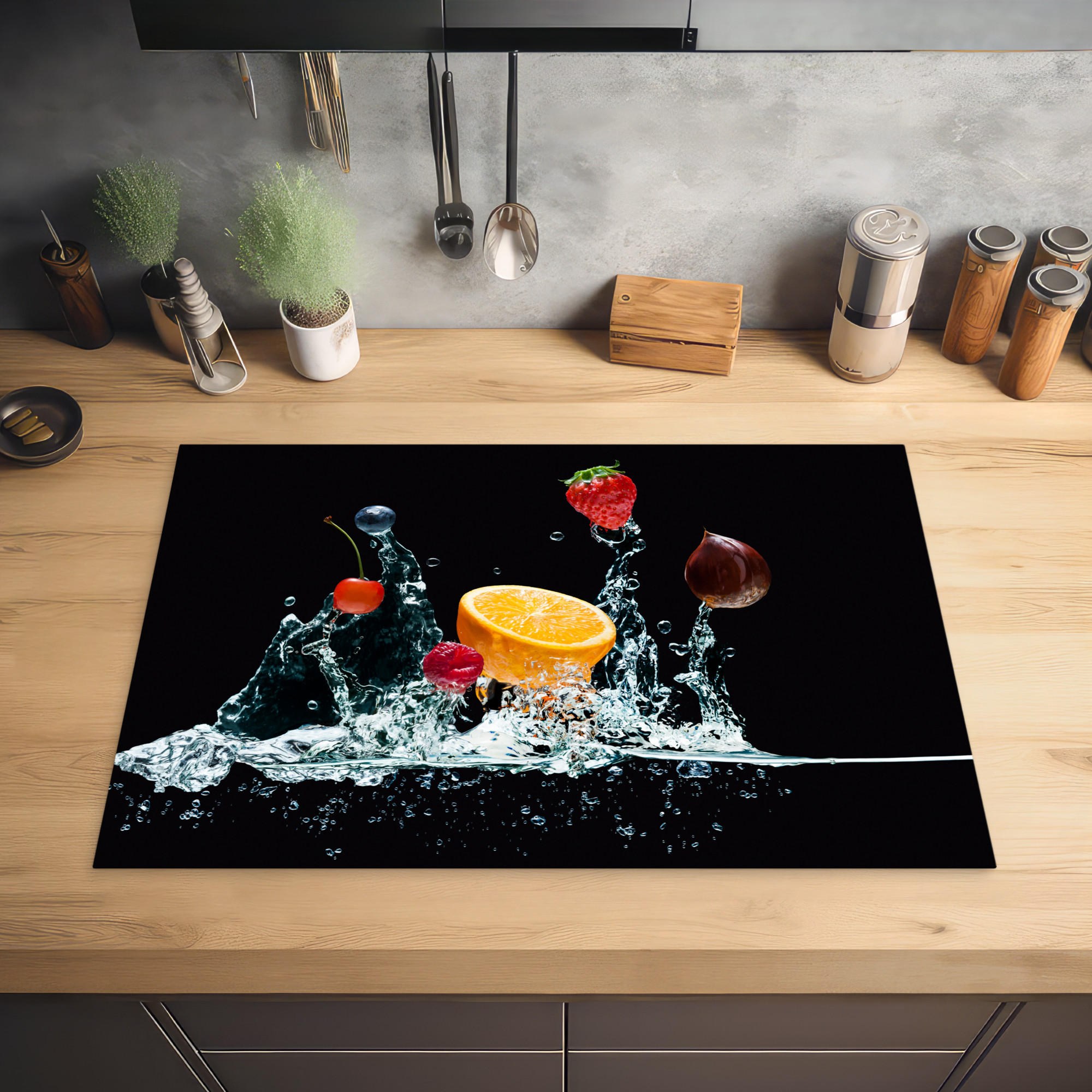 HERDABDECKPLATTE Wasser - Obst - Orange - Erdbeere - Kirsche - Schwarz 77x51 cm - Orange, Kunststoff (77/0.2/51cm) - MuchoWow