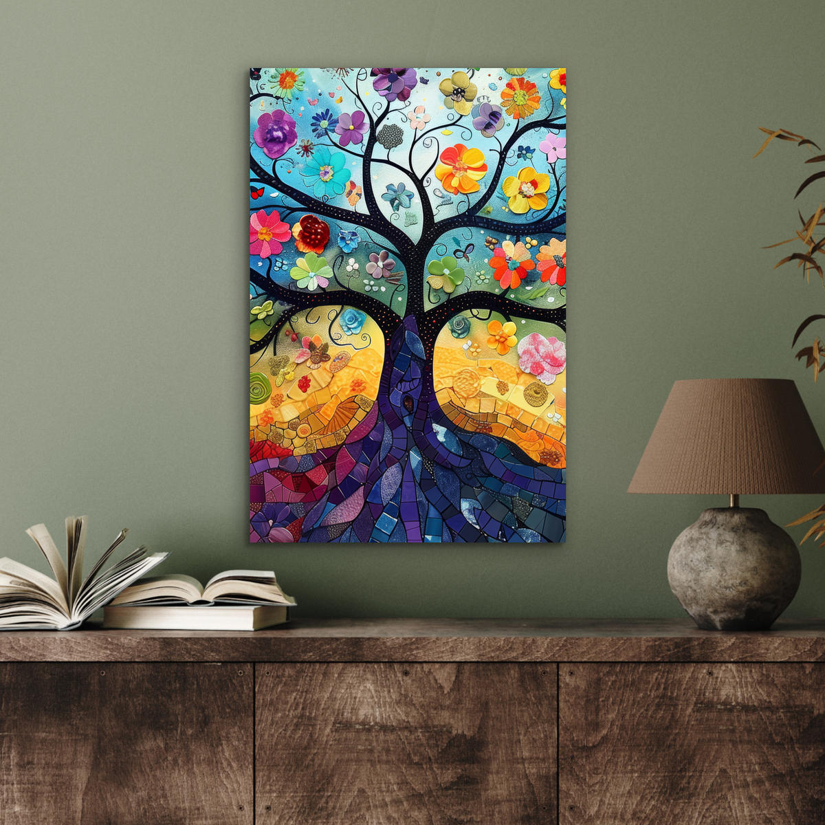 METALLBILD Kunst - Baum des Lebens - Blumen - Hippie 40x60 cm - Dunkelblau, Metall (40/60cm) - MuchoWow