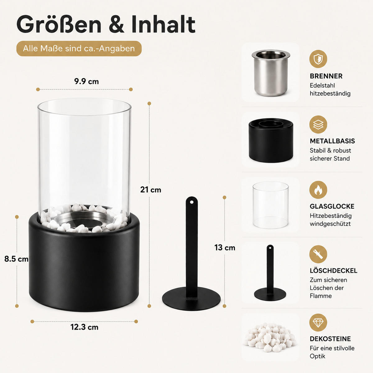 TISCHKAMIN Eryxvar 12.3/9.9/21 cm - Schwarz, Glas/Metall (9.9/21/12.3cm) - ZMH