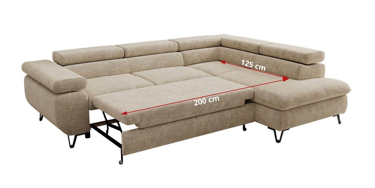 ECKSOFA PABLO L Beige Schenille grob gewebt - Links Seite mit Visco Topper - Beige/Schwarz, Textil/Metall (208/273cm) - MKS