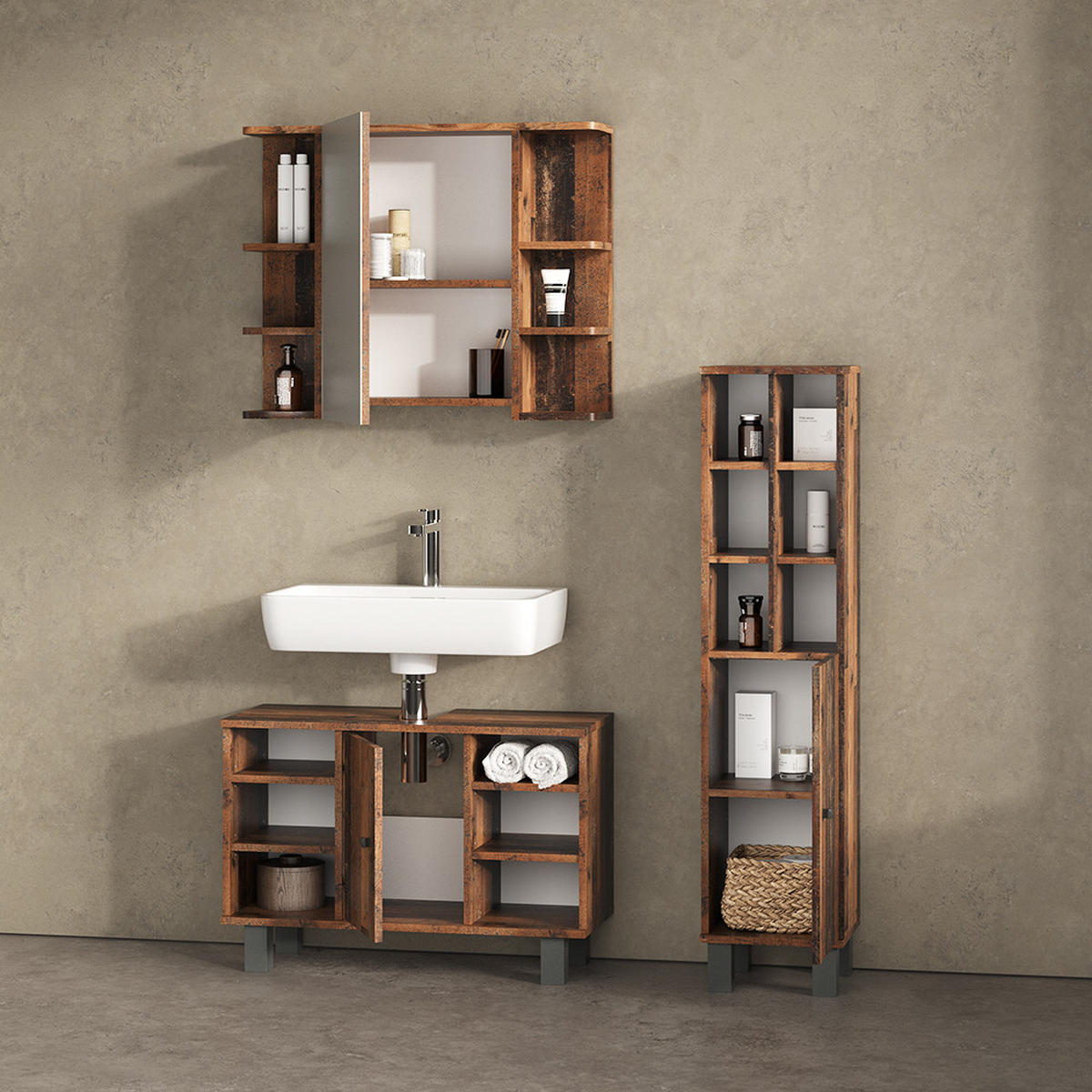 BADMÖBEL-SET Fucino Eiche rustikal 3 Teile, mit Midischrank Tür groß - Wildeiche, Holzwerkstoff (80/54/32cm) - Livinity®