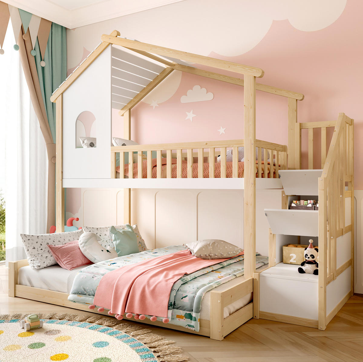 HAUSBETT 90/200 + 140/200 cm aus Kiefer mit Stauraumleiter - Naturfarben, Holzwerkstoff (90/200cm) - BEAOK