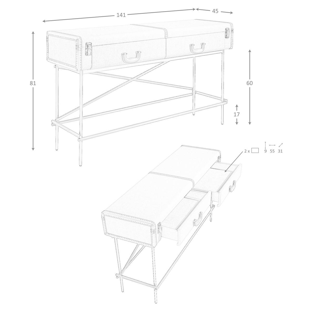 KONSOLENTISCH Rechteckiger Konsolentisch, Stoff, Nussbaum und polierter Goldstahl 141/45/81 cm - Grau, Holzwerkstoff/Metall (45/141/81cm) - ANGEL CERDA