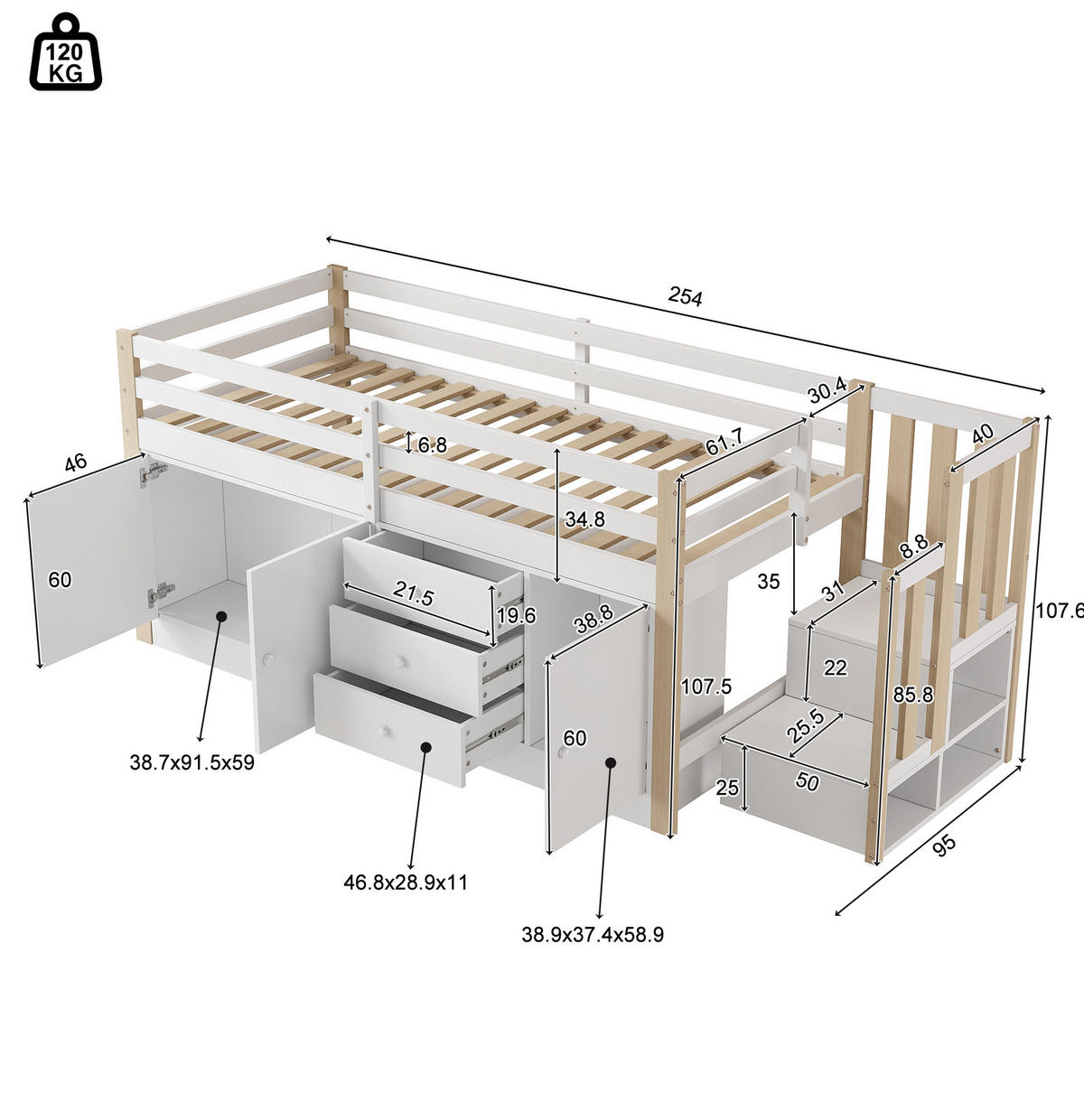 HOCHBETT aus MDF und Massivholz 90x200 cm Weiß mit Stauraumtreppe, Schubladen und Schränken - Weiß, Holzwerkstoff (90/200cm) - IVMEU