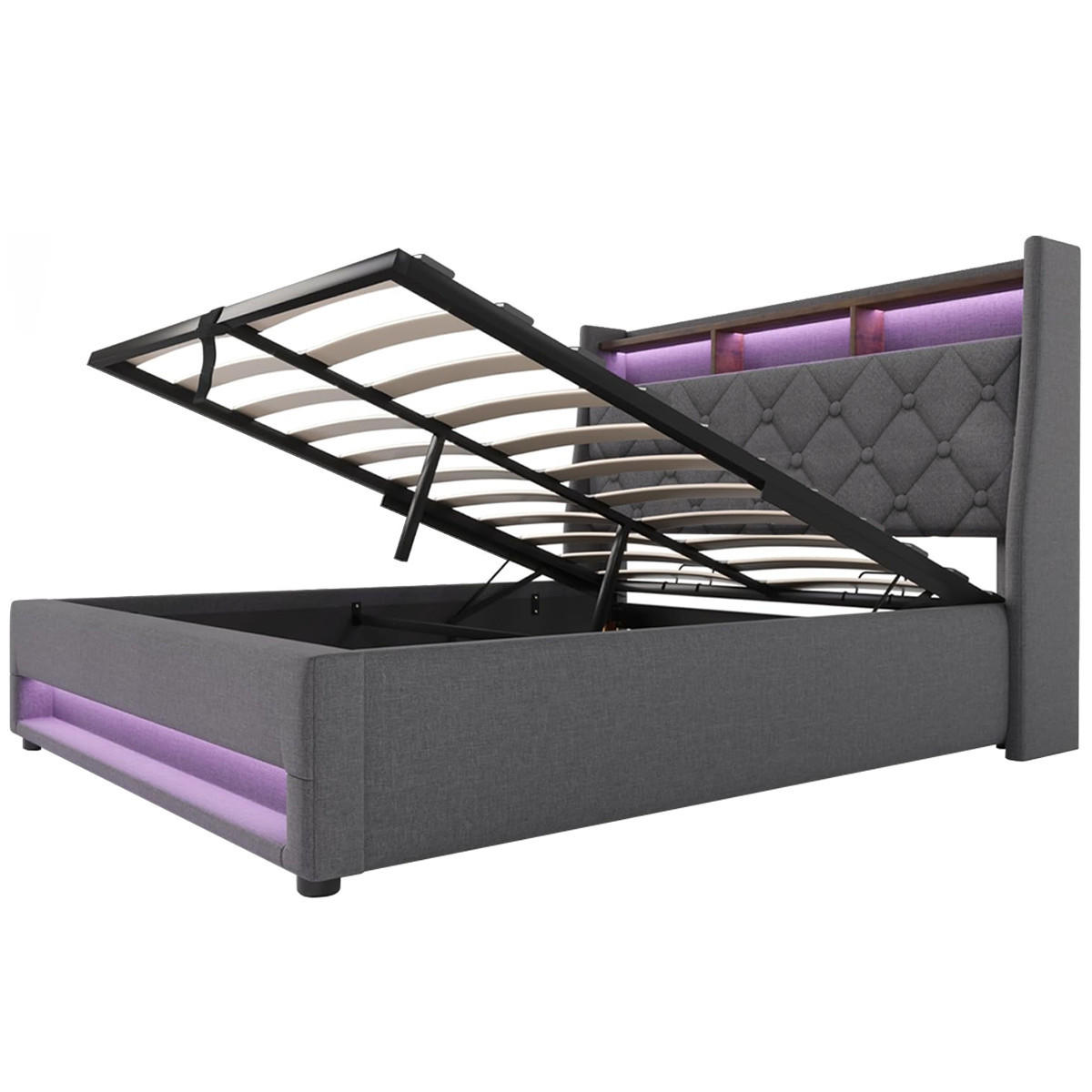 POLSTERBETT 160x200 cm mit LED, USB C, Hydraulische Bett mit Stauraum und Kopfteil, Stauraumbett Bettgestell mit Metallrahmen, Leinen, Grau - Grau, Metall