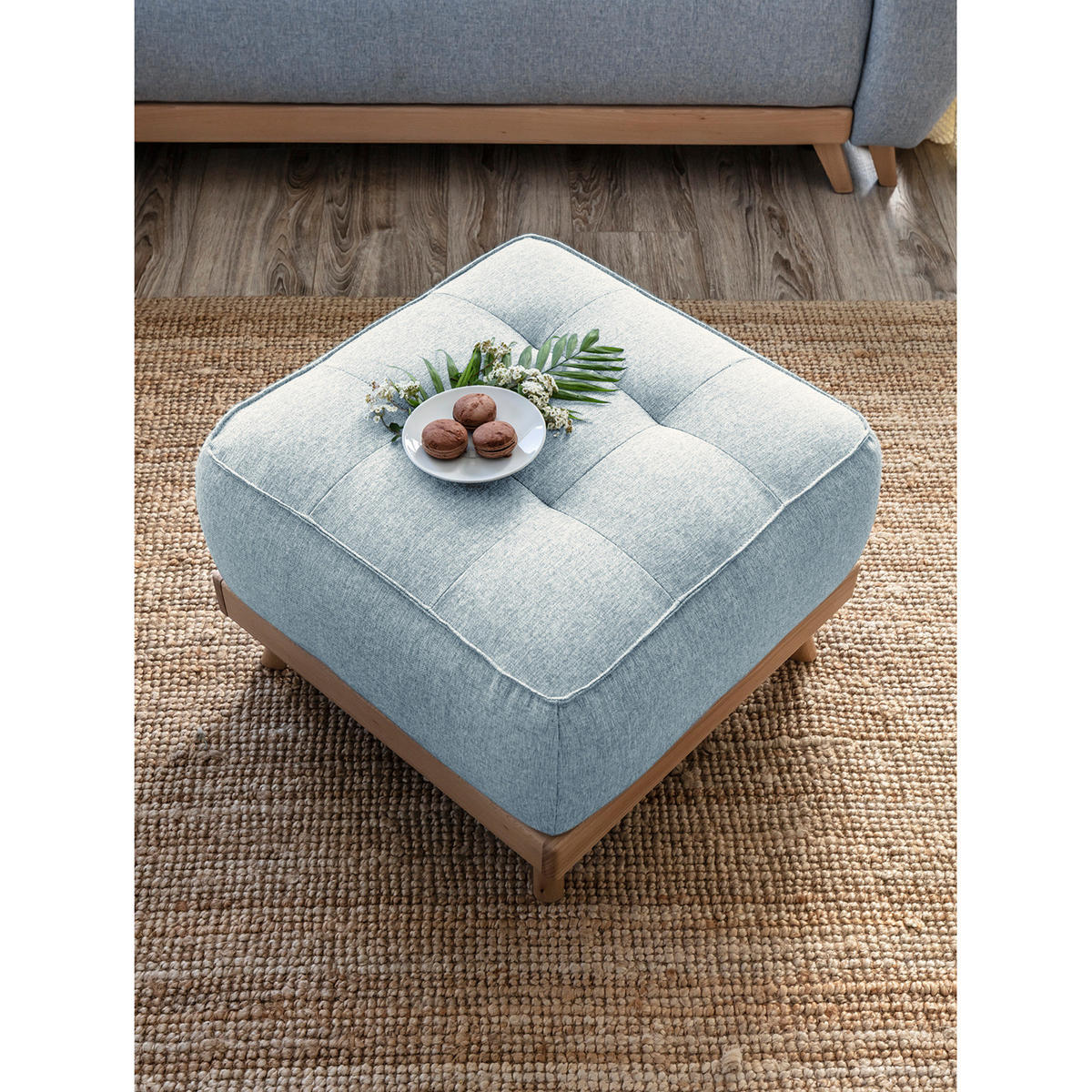 POLSTERHOCKER - Webstoff - Blau/Buchefarben, Buchenholz/Textil (60/42/60cm) - home24