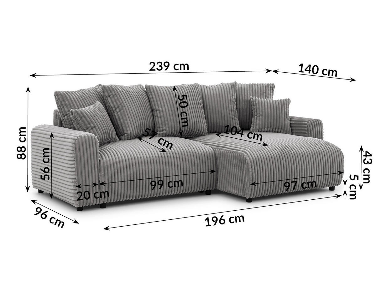 ECKSOFA Calma mit Schlaffunktion und Bettkasten im Bumpy-Design aus weichem Grau Plüschcord - Ottomane rechts - Schwarz/Grau, Holz/Kunststoff (140/239cm) - S-Style