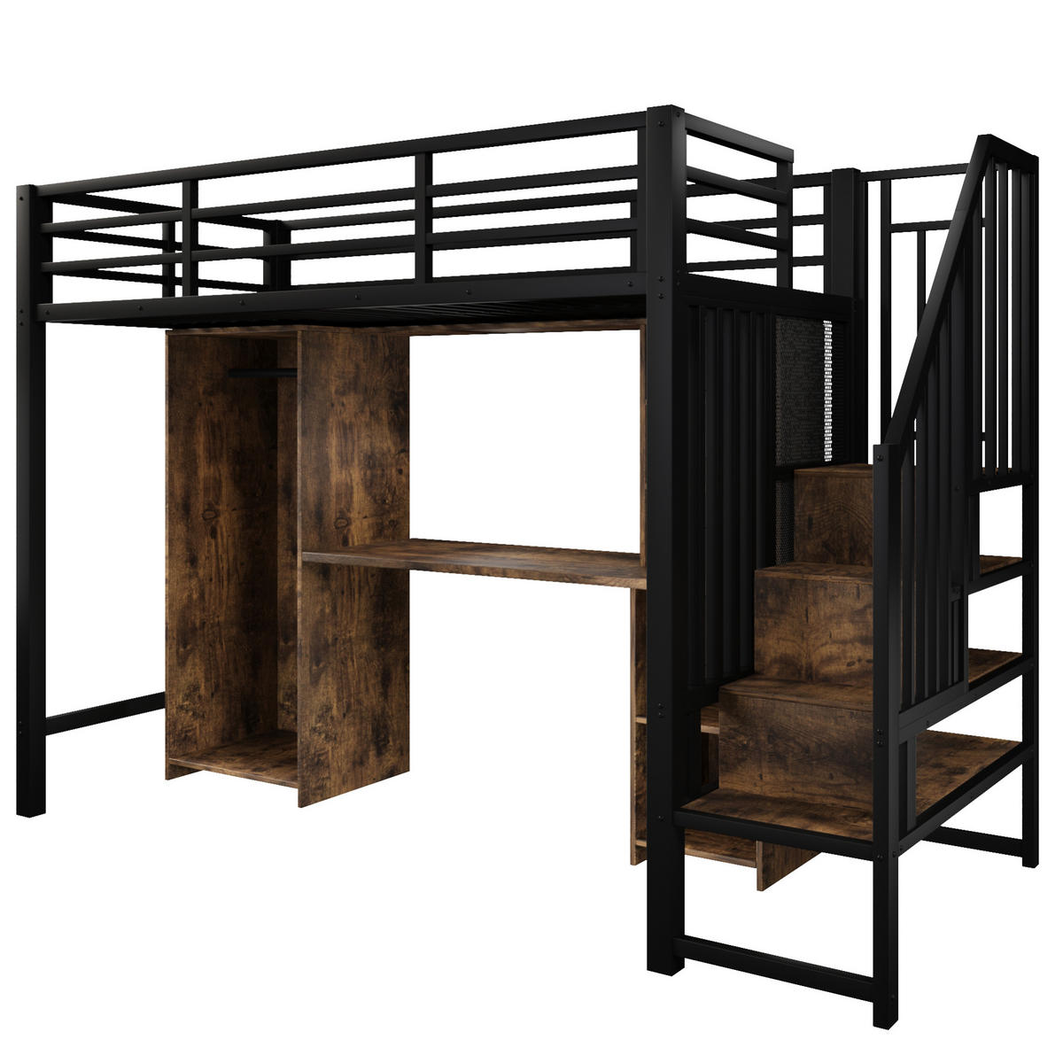 HOCHBETT aus Metall und MDF 90x200 cm Schwarz mit Kleiderschrank, Schreibtisch und Stauraumtreppe - Schwarz, Metall (90/200cm) - IVMEU