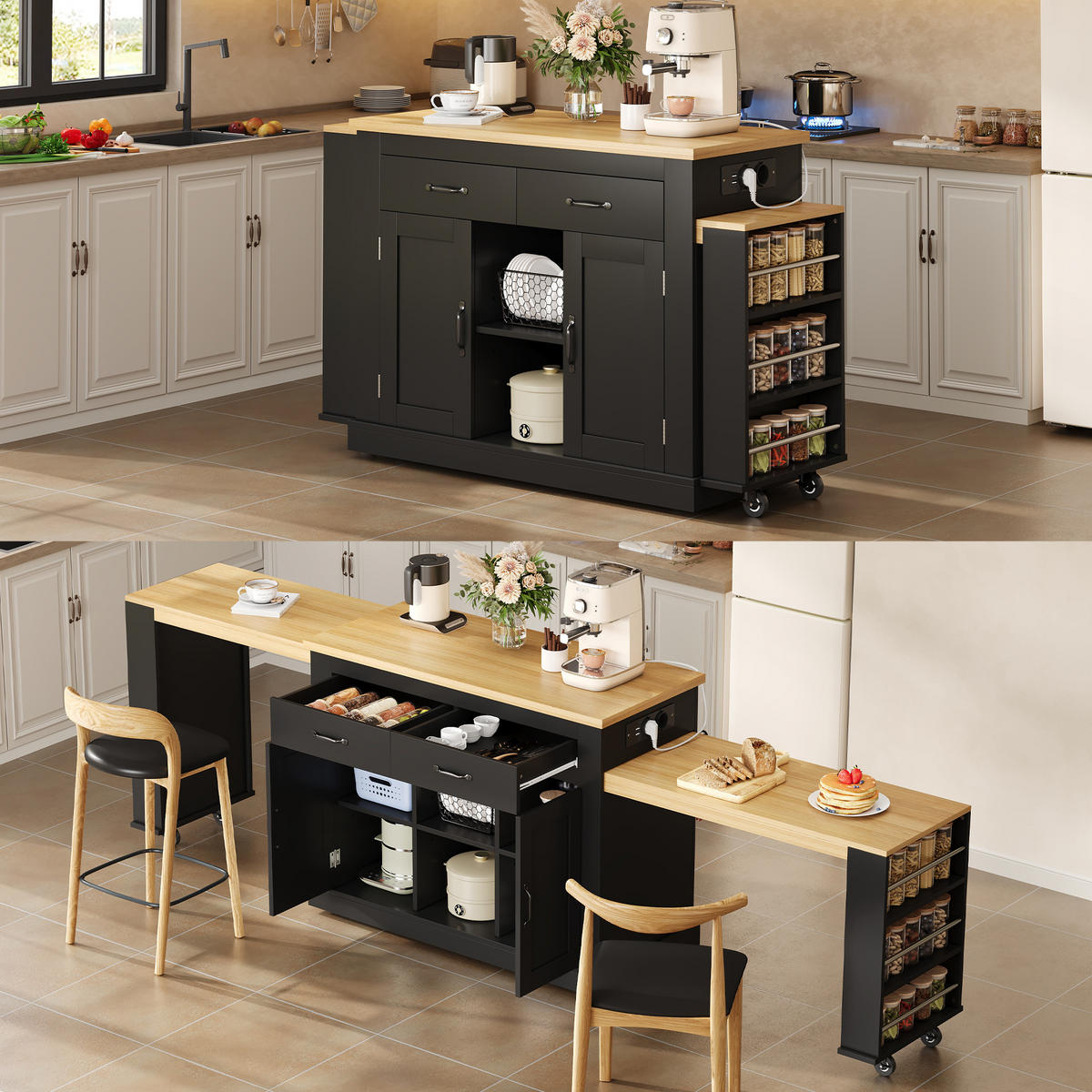 KÜCHENINSEL 133.5/60/93 cm Schwarz mit 2 Schubladen, 2 ausziehbaren Arbeitsflächen und 2xUSB-Anschlüsse - Schwarz, Holz/Holzwerkstoff (142/93/55cm) - Oxeza