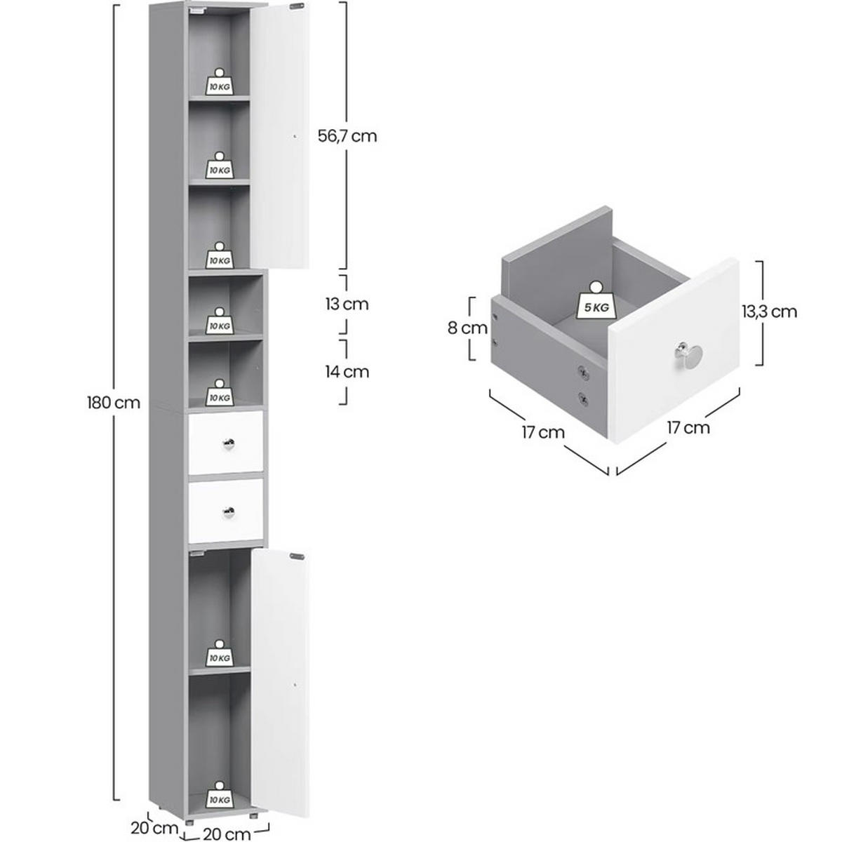 HOCHSCHRANK 20/180/20 cm schmal MDF grau Badschrank - Grau, Holz (20/180/20cm) - Coonoor