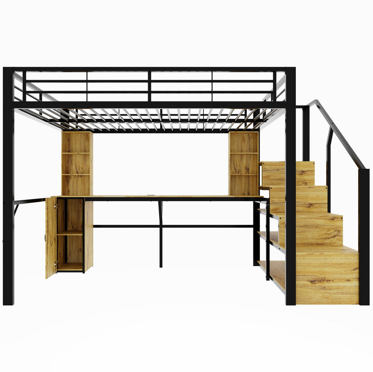 HOCHBETT aus Metall, Sperrholz und MDF 140x200 cm Schwarz mit Schreibtisch und Stauraumtreppe - Schwarz, Metall (140/200cm) - IVMEU