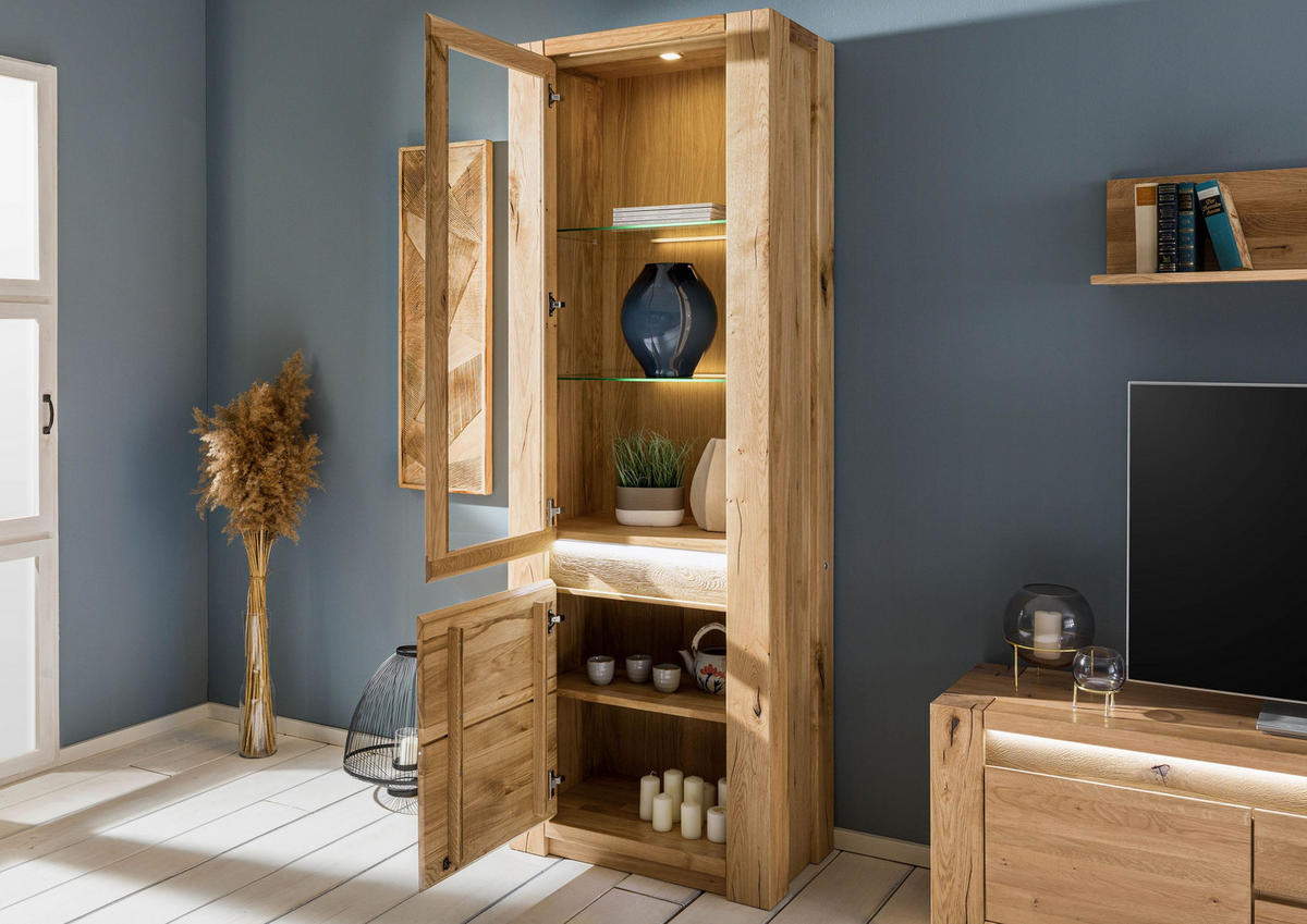 VITRINE Wildeiche 73x40x205 beige geölt KENT #201 - Hellbraun, Holz (73/205/40cm) - Massivmoebel24