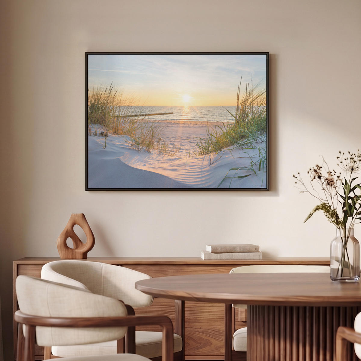 LEINWAND Bilder mit Rahmen - Strand - Sonne - Düne - Gras - Sand - Horizont - 70x50 - Hellblau, Textil (70/50cm) - MuchoWow