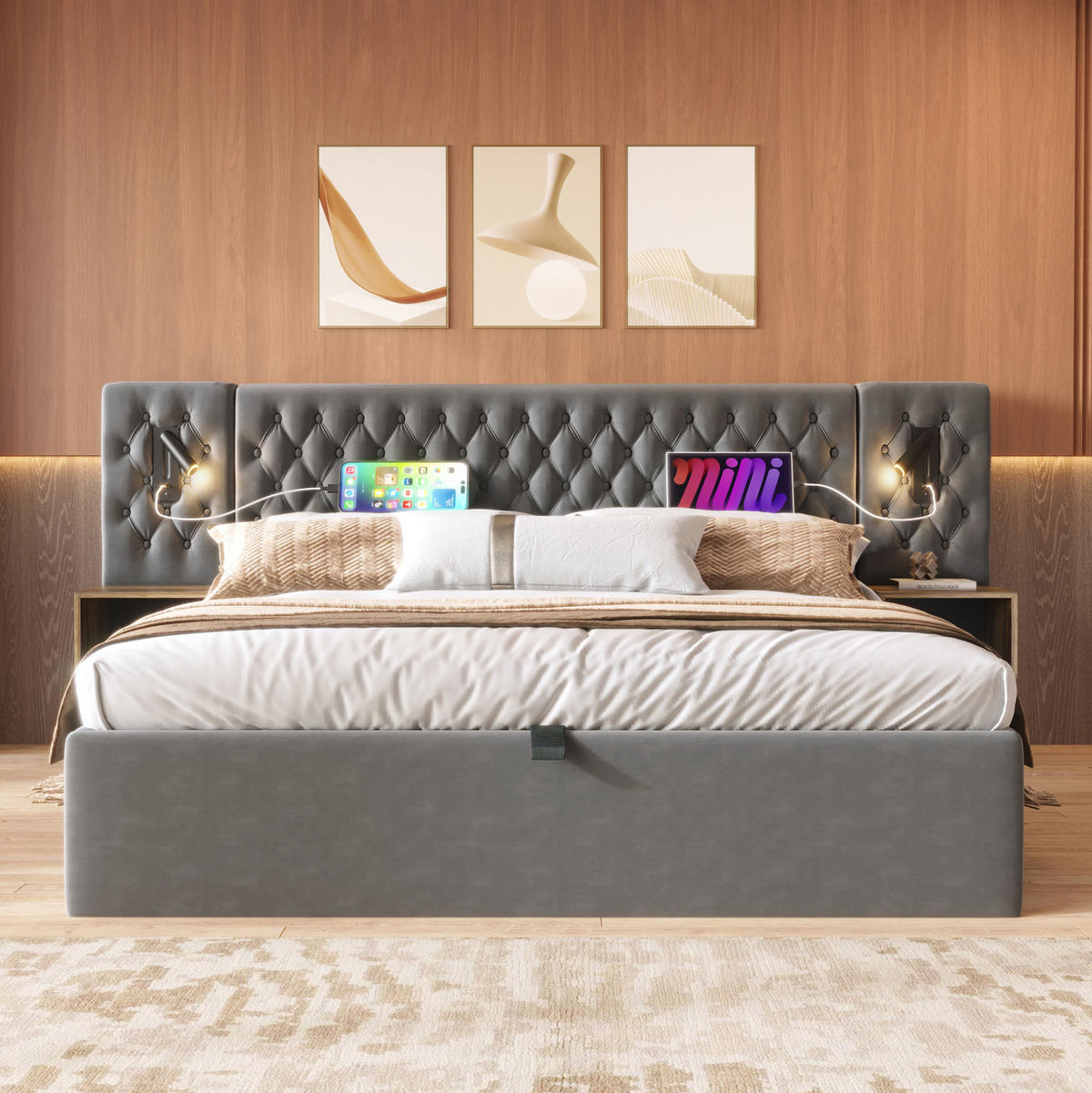 POLSTERBETT aus Samt 180x200 cm Grau mit Bettkasten, Nachttischen, Leselampen und USB-/Type-C-Anschlüssen - Grau, Textil (180/200cm) - IVMEU