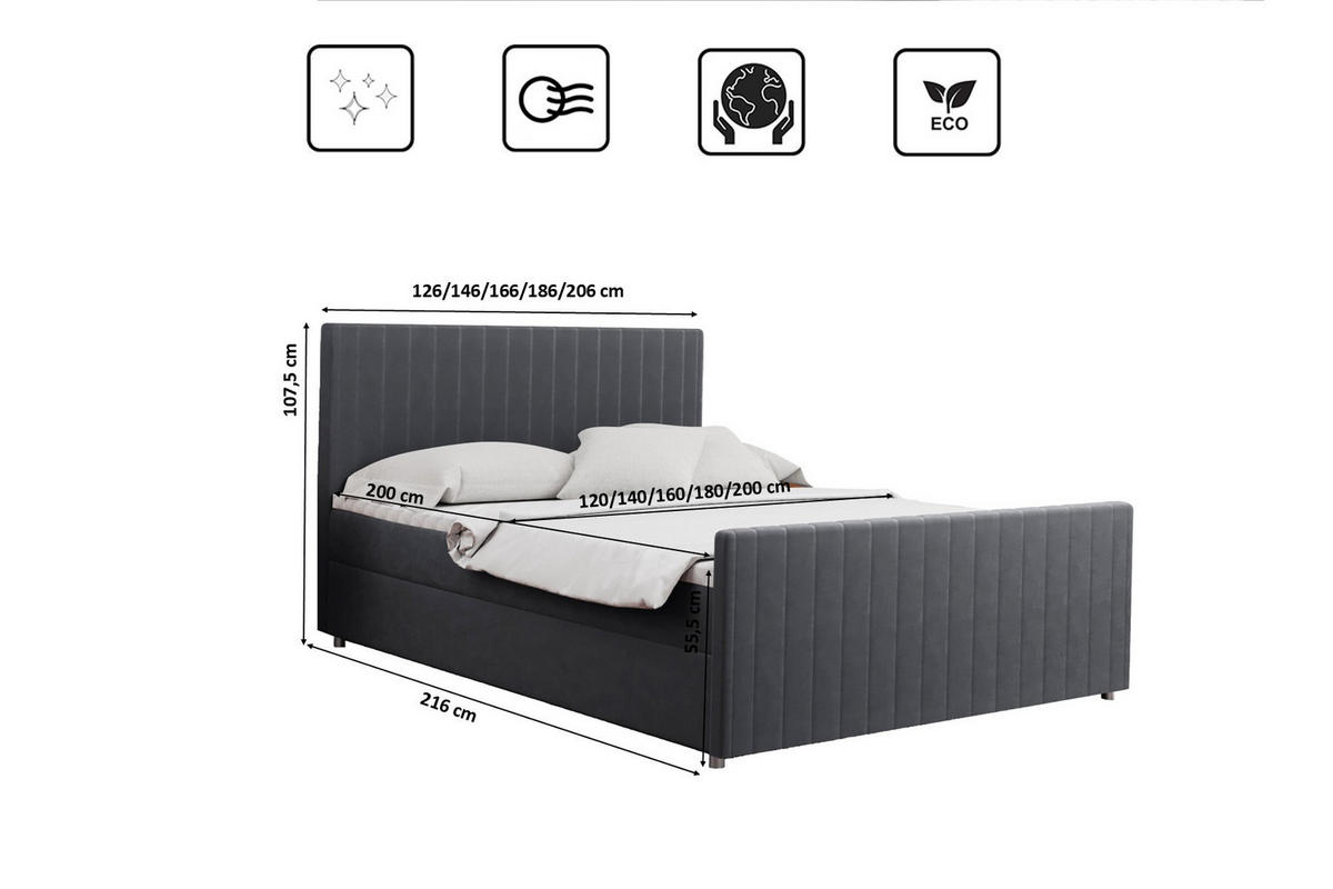 BOXBETT mit Bettkasten Matratze Topper LATINO stoff Velvet 160x200 cm Grau H3-Bonell - Grau, Holz/Holzwerkstoff (160/200cm) - Kaiser Möbel