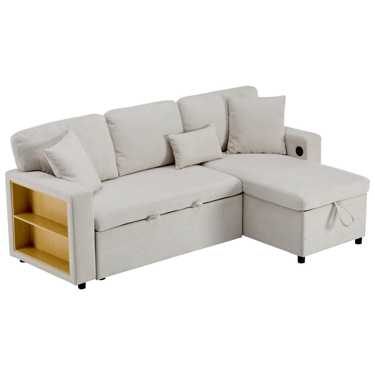 ECKSOFA L-Form Schlafcouch mit Stauraum und USB-Anschluss Samt Beige 214/131/87 cm - Beige, Textil (214/131cm) - OKWISH