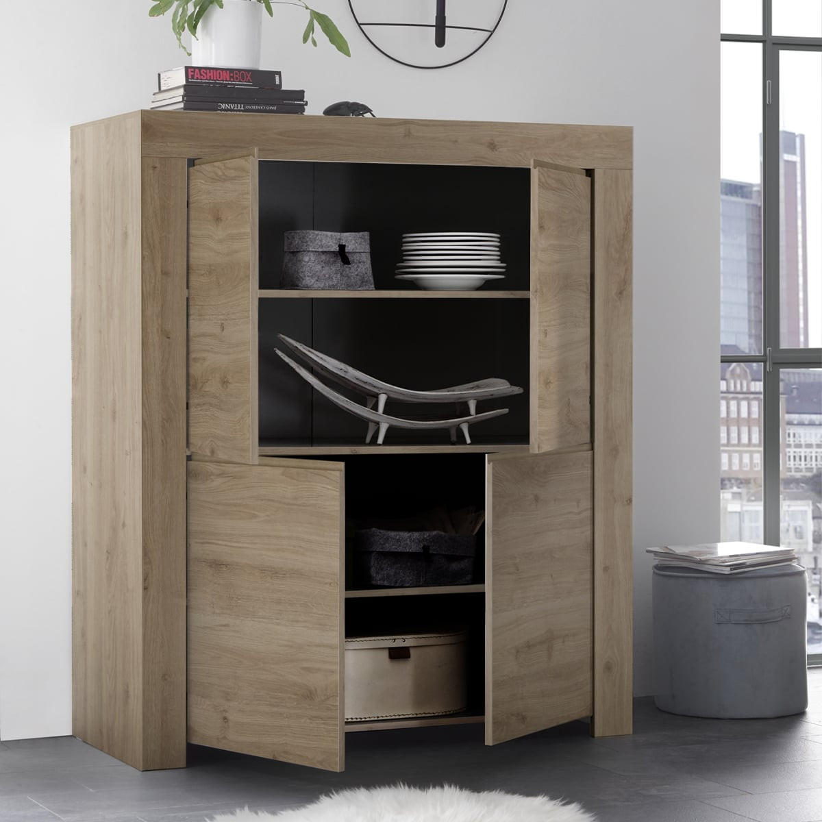 HIGHBOARD mit 4 Türen H140 cm - Firenze - Eichefarben, Holzwerkstoff (110/140/42cm) - Calicosy
