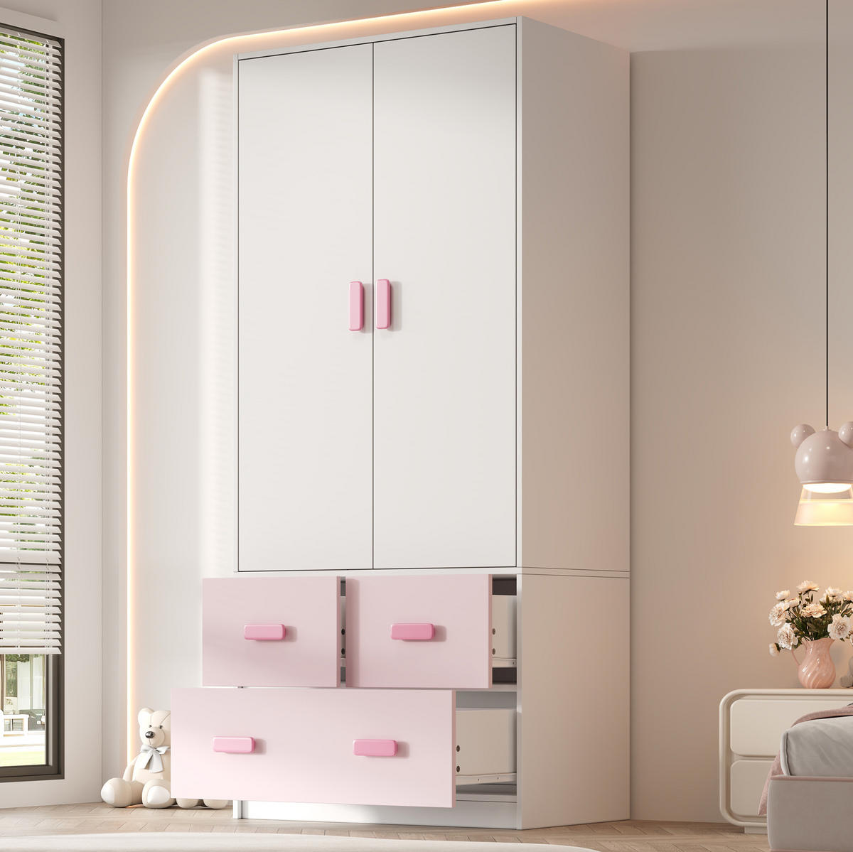KLEIDERSCHRANK 80/48/180 cm weiß/rosa aus MDF mit Kleiderstange und 3 Schubladen - Pink, Holzwerkstoff (80/180/48cm) - OKWISH