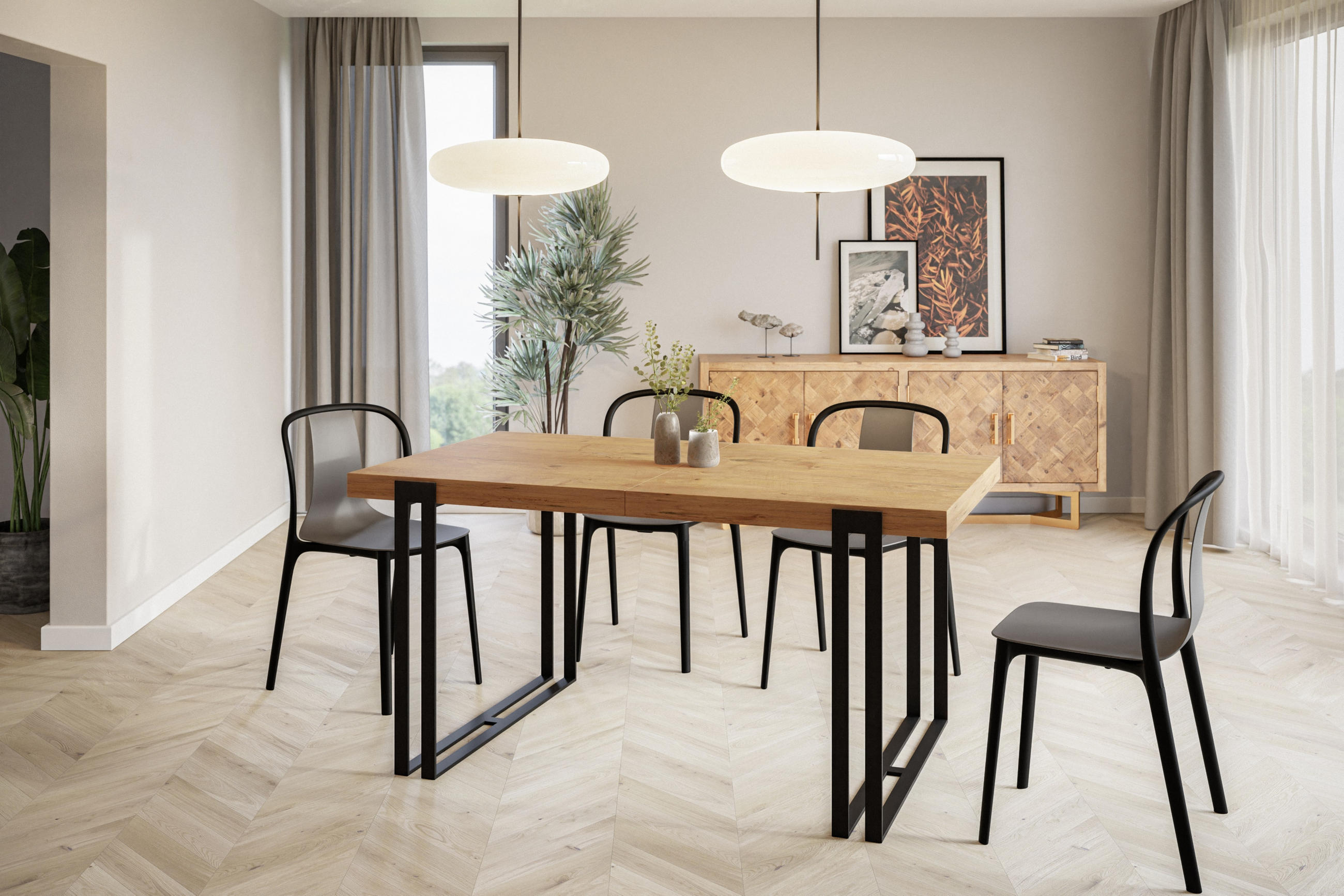 ESSZIMMERTISCH ROSA, ausziehbarer Tisch 140-240X80X77 cm, Farbe: LANCELOT, mit Metallbeinen in Farbe Schwarz - Beige/Schwarz, Holzwerkstoff (140/80/77cm) - Alpi-Möbel