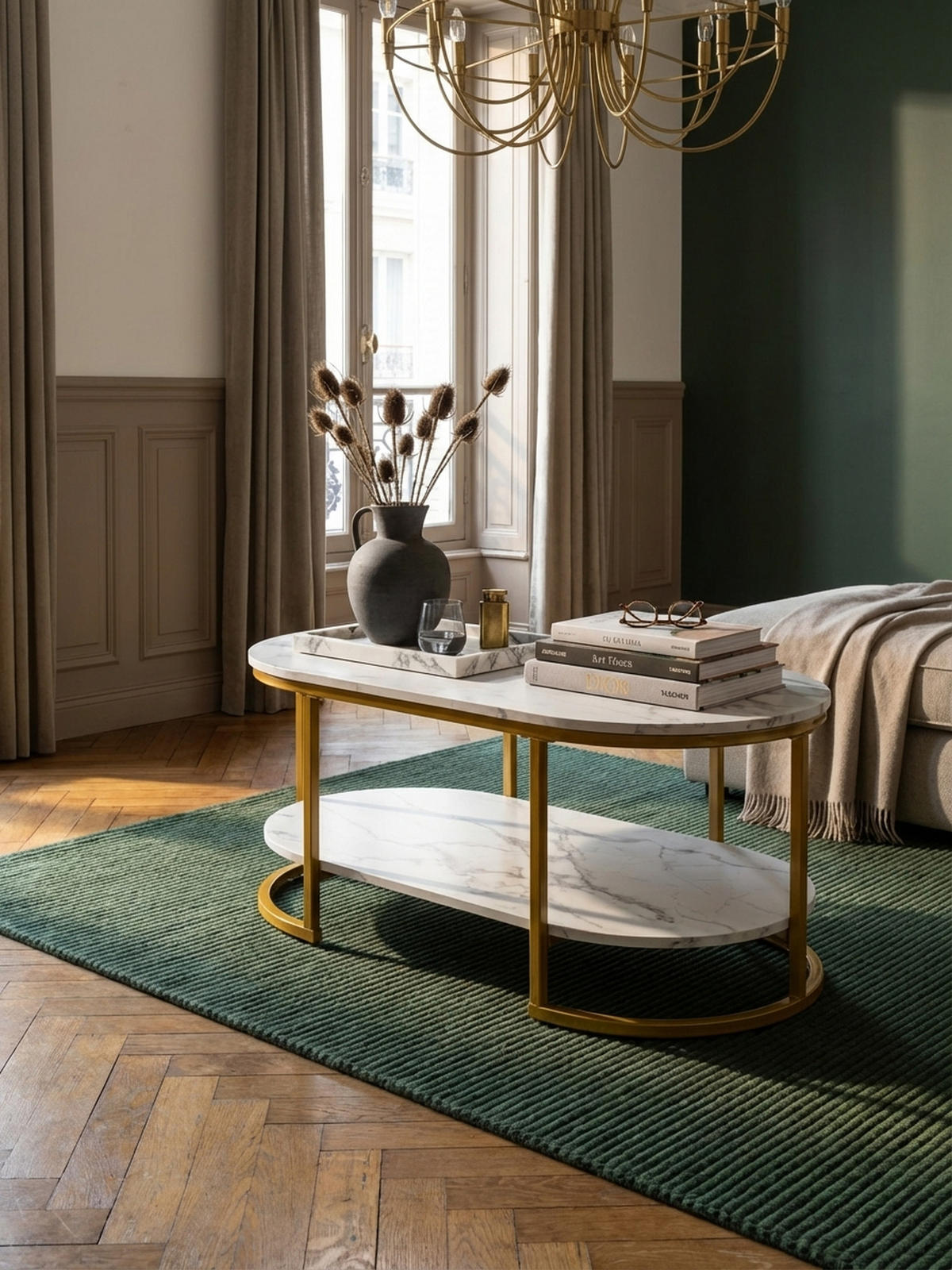 COUCHTISCH mit Marmor Optik, rechteckig, Ablage, goldenes Metallgestell, Weiß 100x60x45 cm - Goldfarben/Weiß, Holzwerkstoff/Metall (60/100/45cm) - KADIMA DESIGN