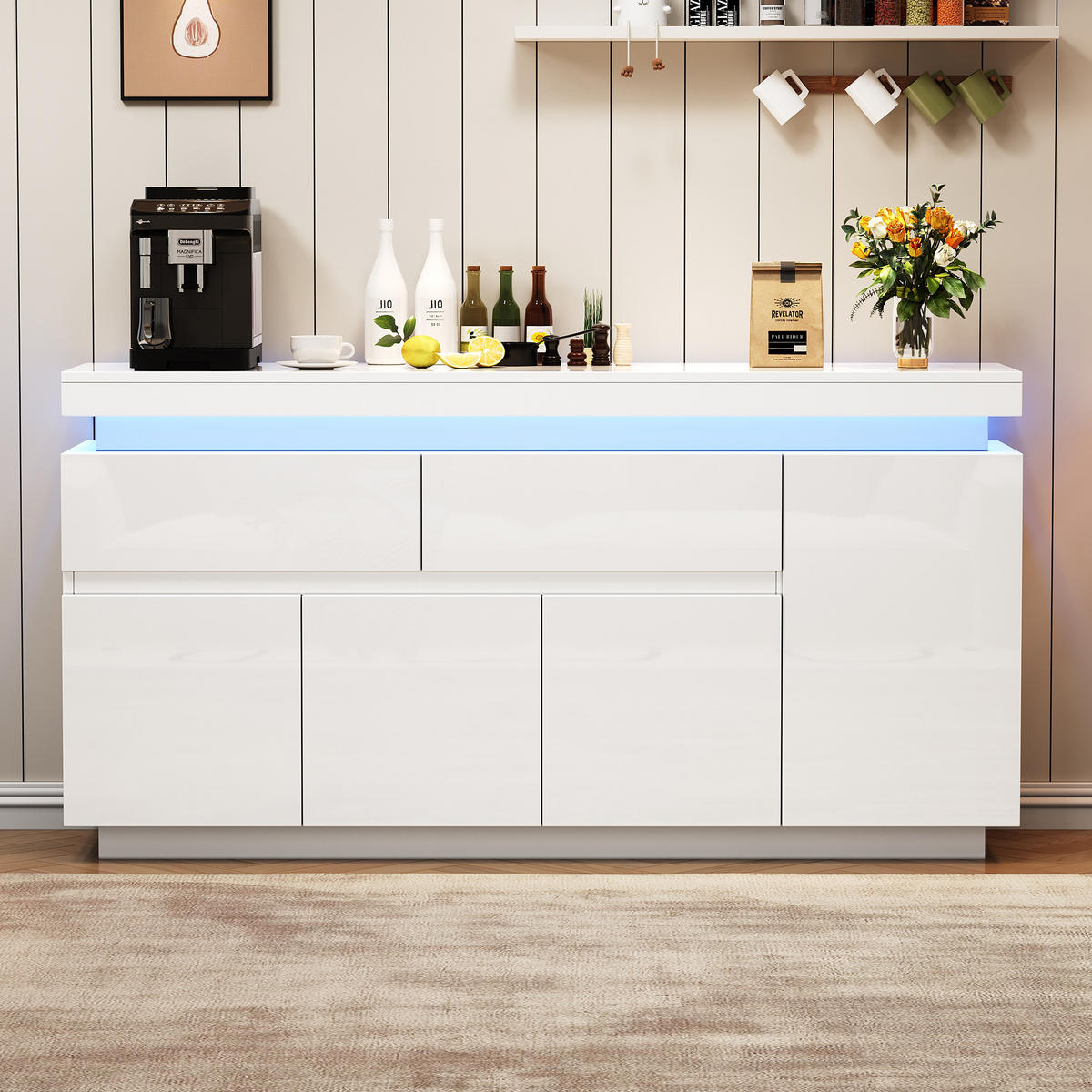 SIDEBOARD DE-37813 mit LED-Beleuchtung und 4 Türen Weiß - Weiß, Holzwerkstoff (140/72.5/35cm) - ComfortXL
