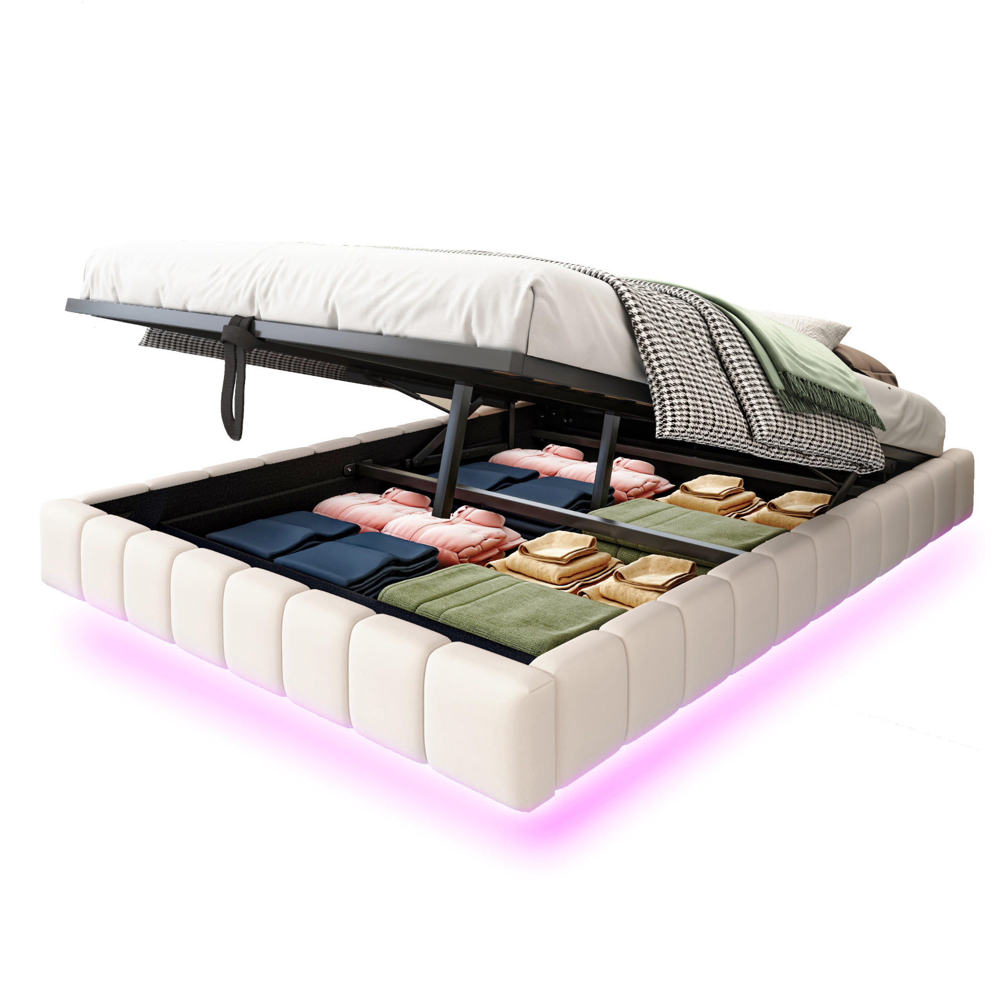 POLSTERBETT 140/200 cm in Beige mit Stauraum und LED-Beleuchtung - Beige, Textil (140/200cm) - Flora Grace