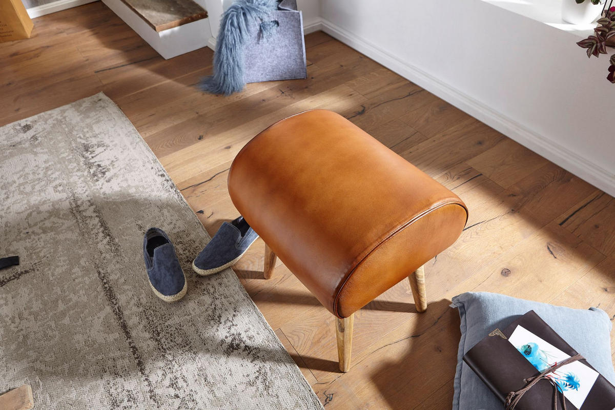 SITZHOCKER – Echtleder/Massivholz, 45x53x40 cm, 120 kg Belastbarkeit - Braun, Mangoholz/Leder (45/53/40cm) - KADIMA DESIGN