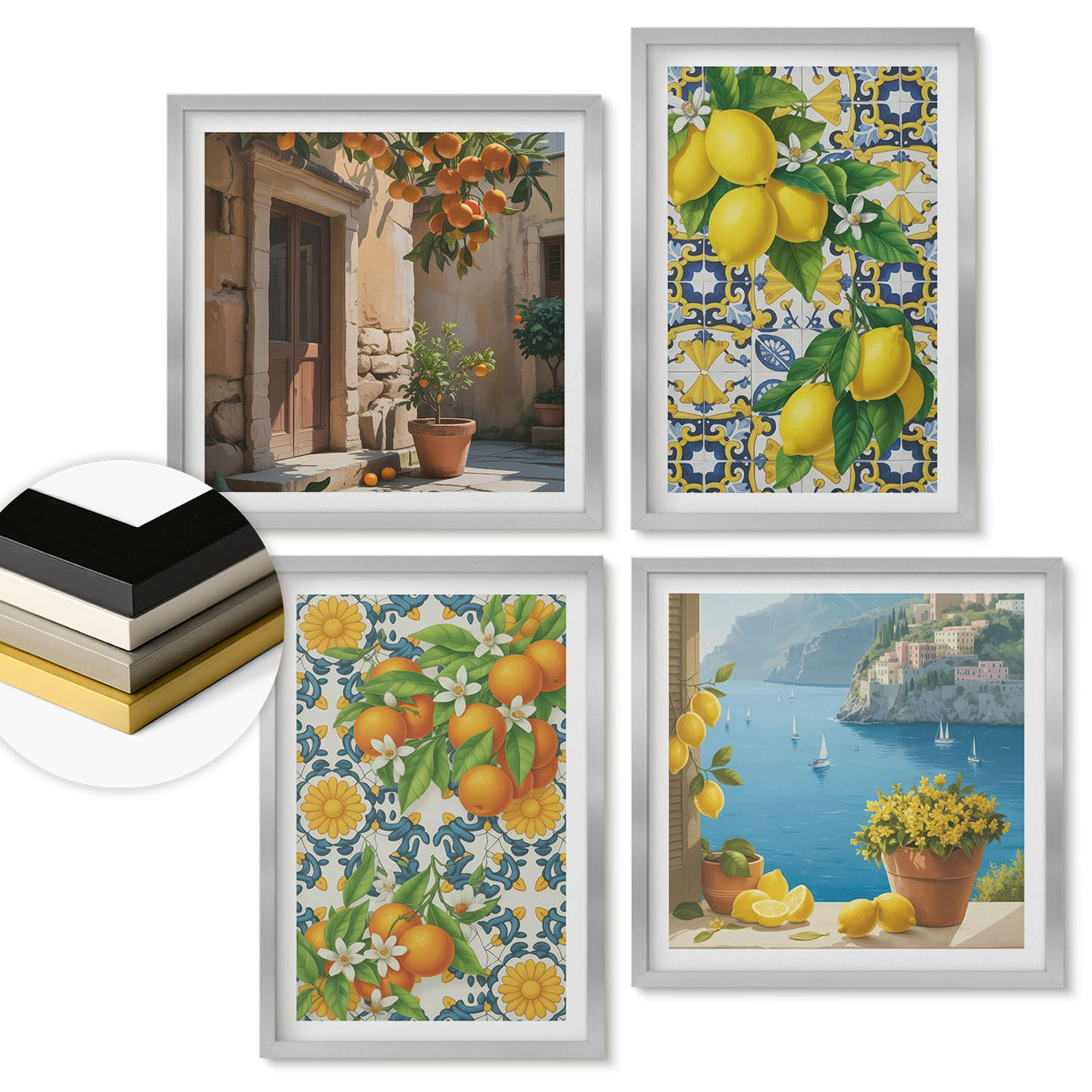 WANDBILDER 4er Set - 50x50 cm & 40x60 cm Silberner Rahmen - Zitronen, Blumen, Orangen, Italien - Silberfarben, Kunststoff (50/50cm) - ArtPrintCave