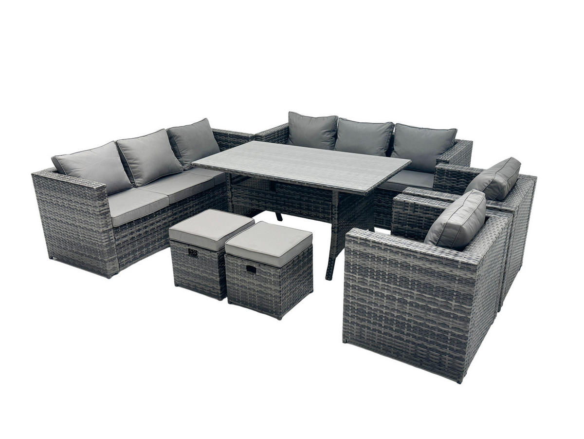 SITZGRUPPE mit Hockern Polyrattan Dunkelgrau 10-Sitzer - Dunkelgrau/Grau, Glas/Kunststoff - Fimous