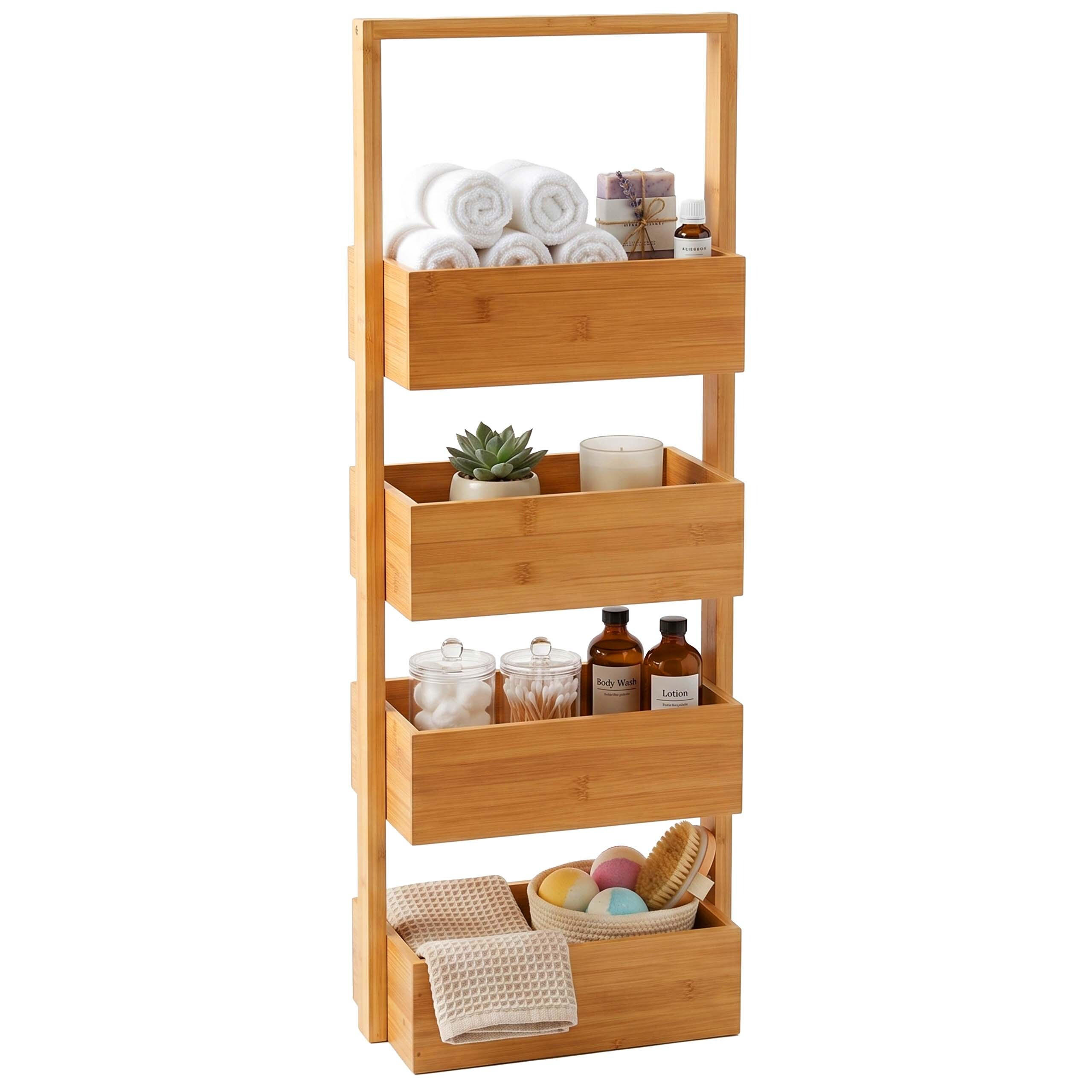BADREGAL Natur Bambus 4 Ablagen - Hellbraun, Holz/Holzwerkstoff (28/88/16cm) - Relaxdays
