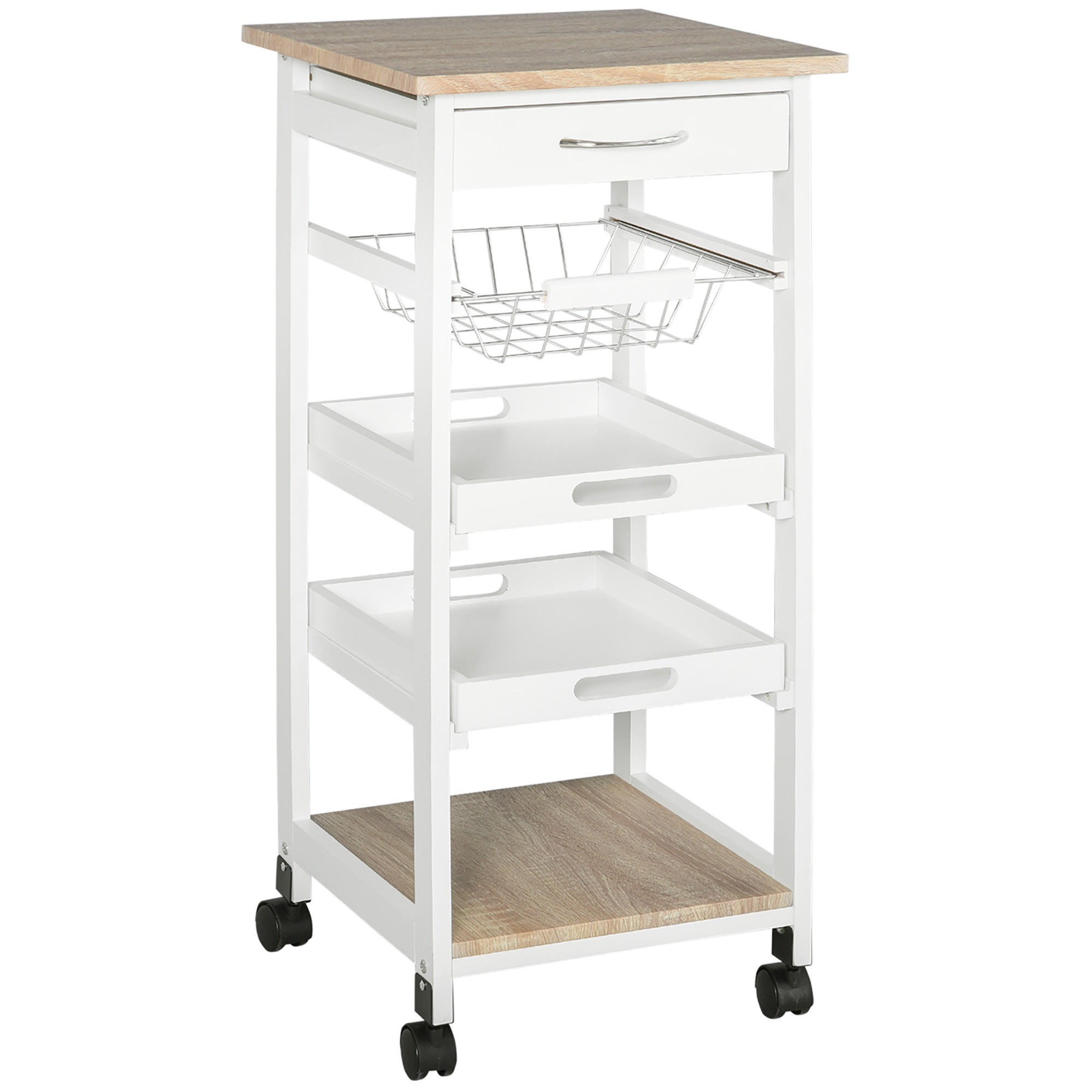 KÜCHENWAGEN, Küchenwagen mit Korb, 2 Tabletts und Schublade, helles Eichen-MDF, weißes Kiefernholz - Multicolor, Metall (37/82/37cm) - FORIOUS