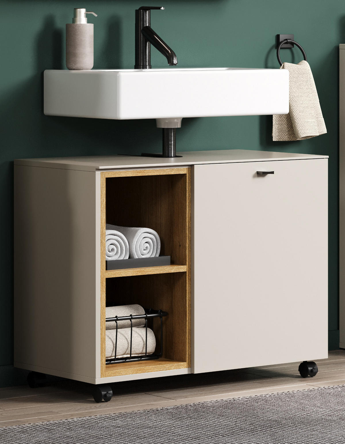 WASCHBECKENUNTERSCHRANK Sand, Evoke Eiche 80 cm, Badschrank auf Rollen, Soft-Close - Sandfarben/Kaschmir, Holzwerkstoff/Metall (80/64/42cm) - Top.Furn