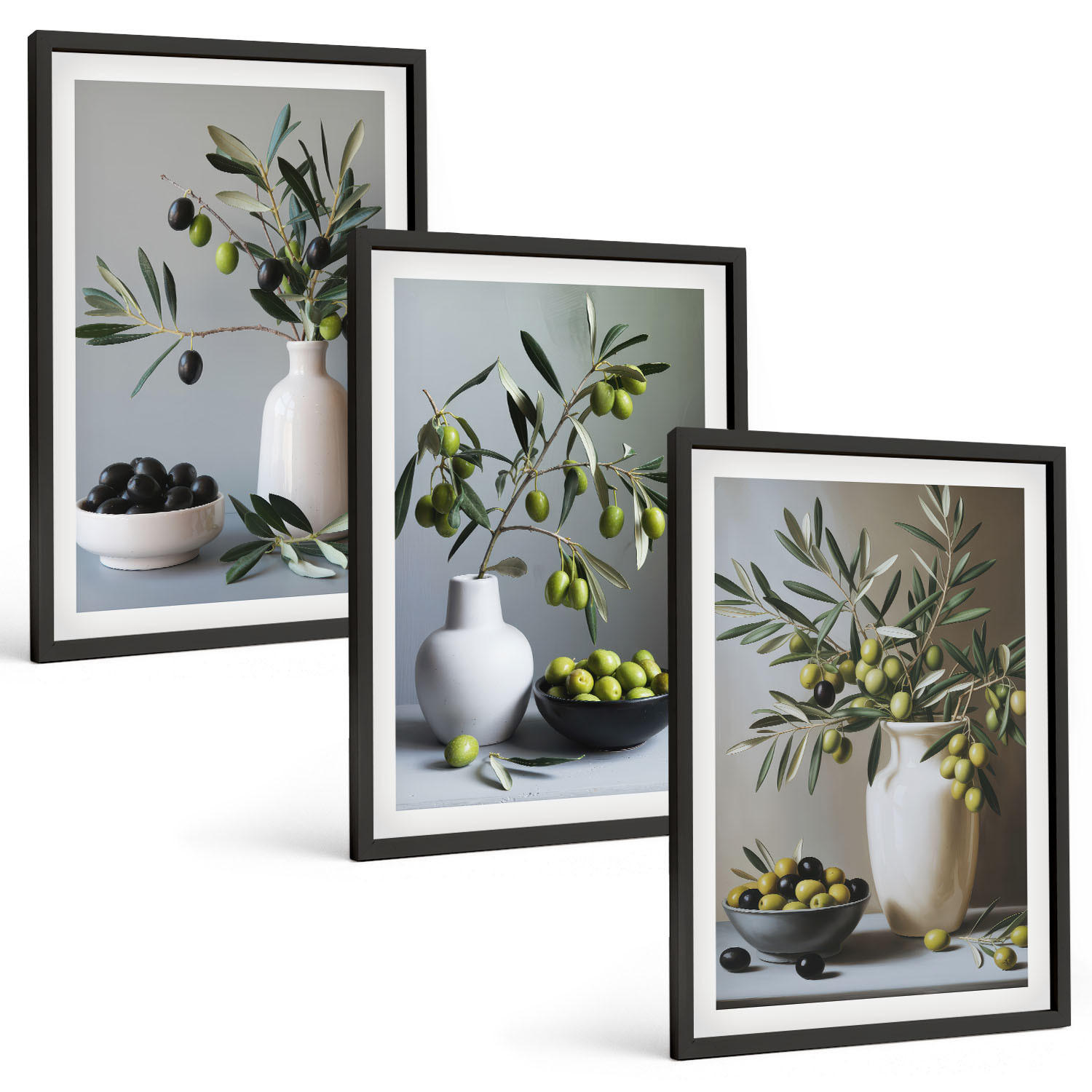 BILDER SET 3er Set - 40x60 cm Schwarzer Rahmen - Oliven in schlichten Vasen - Schwarz, Kunststoff (40/60cm) - TULUP