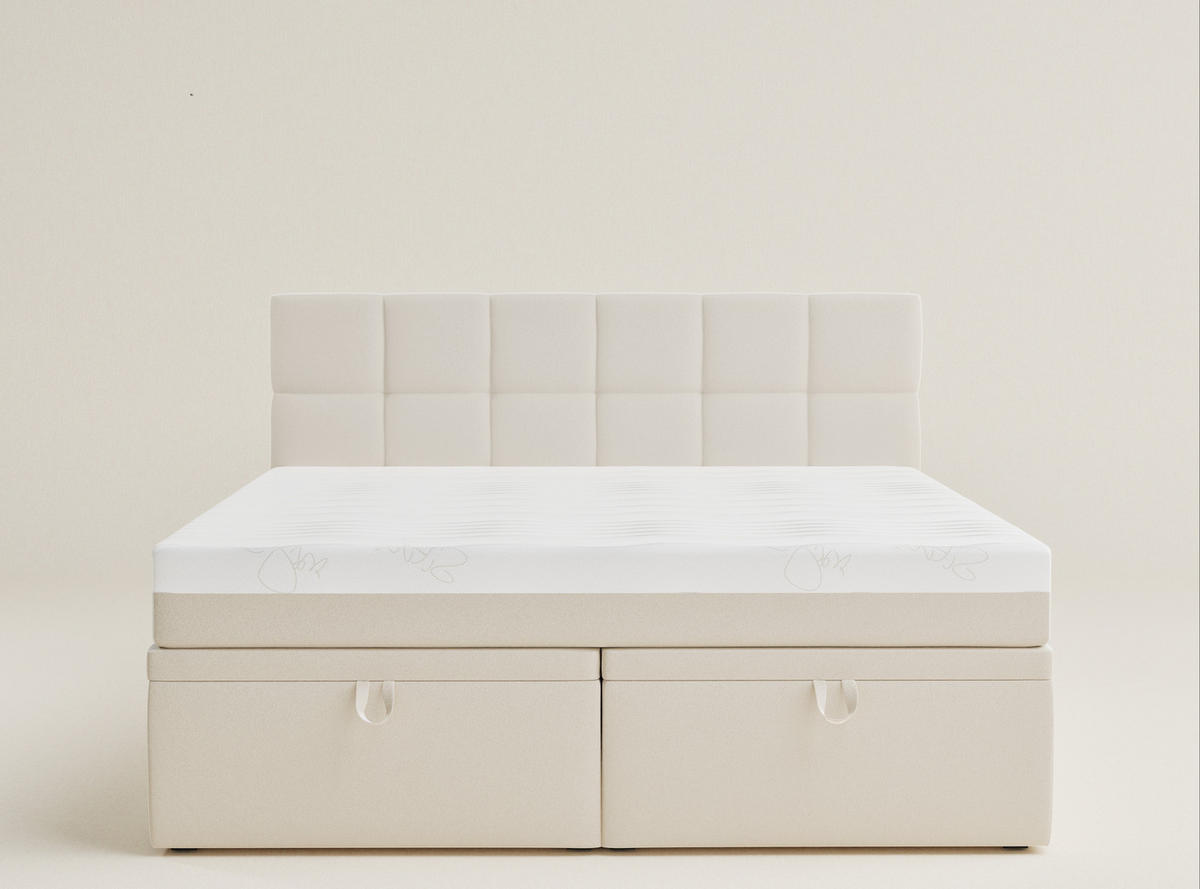 BOXBETT 160/200 cm Gotu S, in Hellbeige, Matratze, gepolstertes Kopfteil, Bettkasten, H3 = fest - Beige/Schwarz, Holz/Holzwerkstoff (160/200cm) - Maison de Reve
