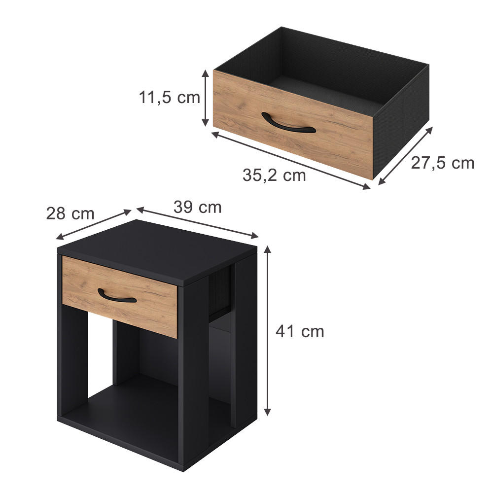 NACHTTISCH Virela Anthrazit/Goldkraft Eiche 39 x 41 cm 2er Set - Anthrazit/Eiche Wotan, Holzwerkstoff (39/41/28cm) - Vicco