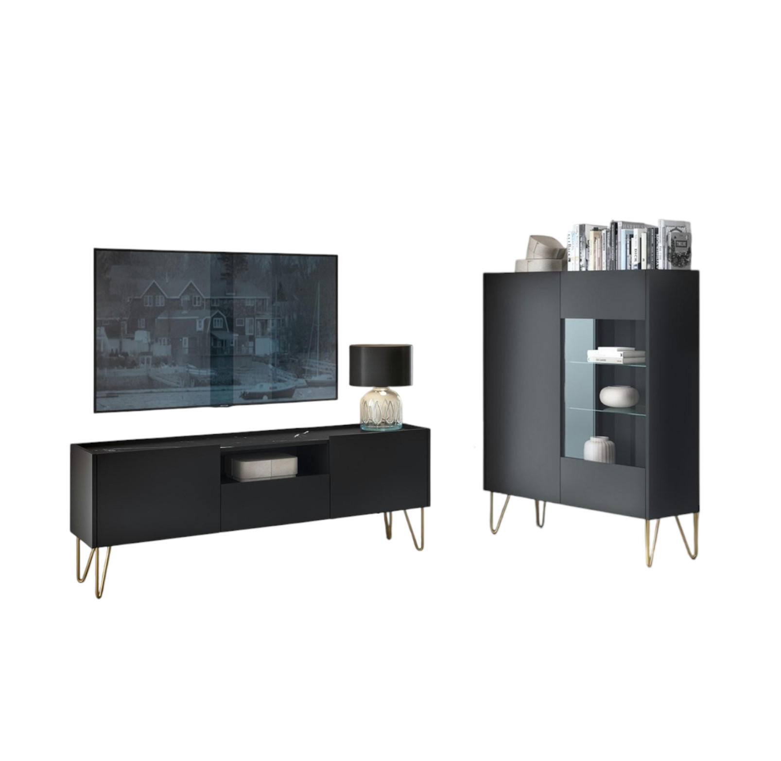 WOHNWAND Canmore 2, 2-er Set, Scharnier Häfele Marmor Schwarz Graphit Schwarz - Graphitfarben, Glas/Holzwerkstoff (241/122/37cm) - Komodee
