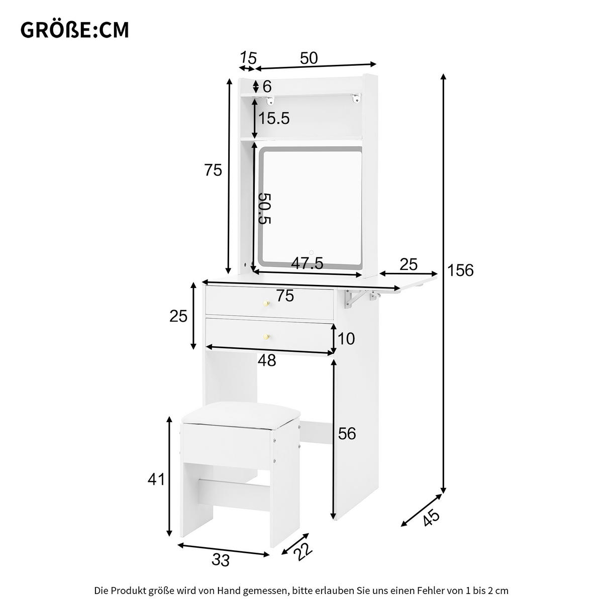 SCHMINKTISCH Weiß LED klappbar 2 Schubladen Hocker 75x45x156cm - Weiß, Holzwerkstoff (45/156/75cm) - FLIEKS