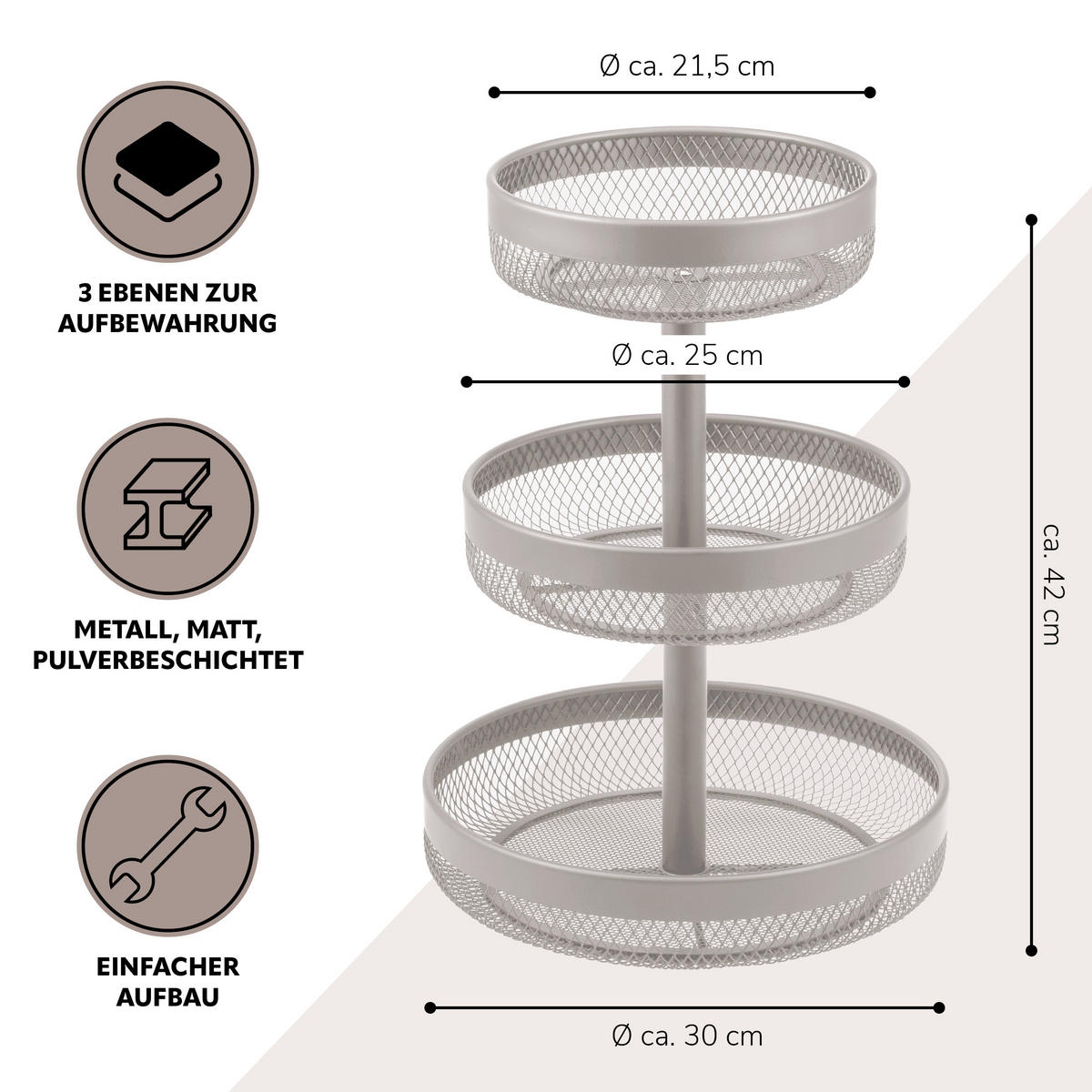 OBSTETAGERE 3-STÖCKIG rund Metall taupe - Taupe, Metall (42cm) - eluno