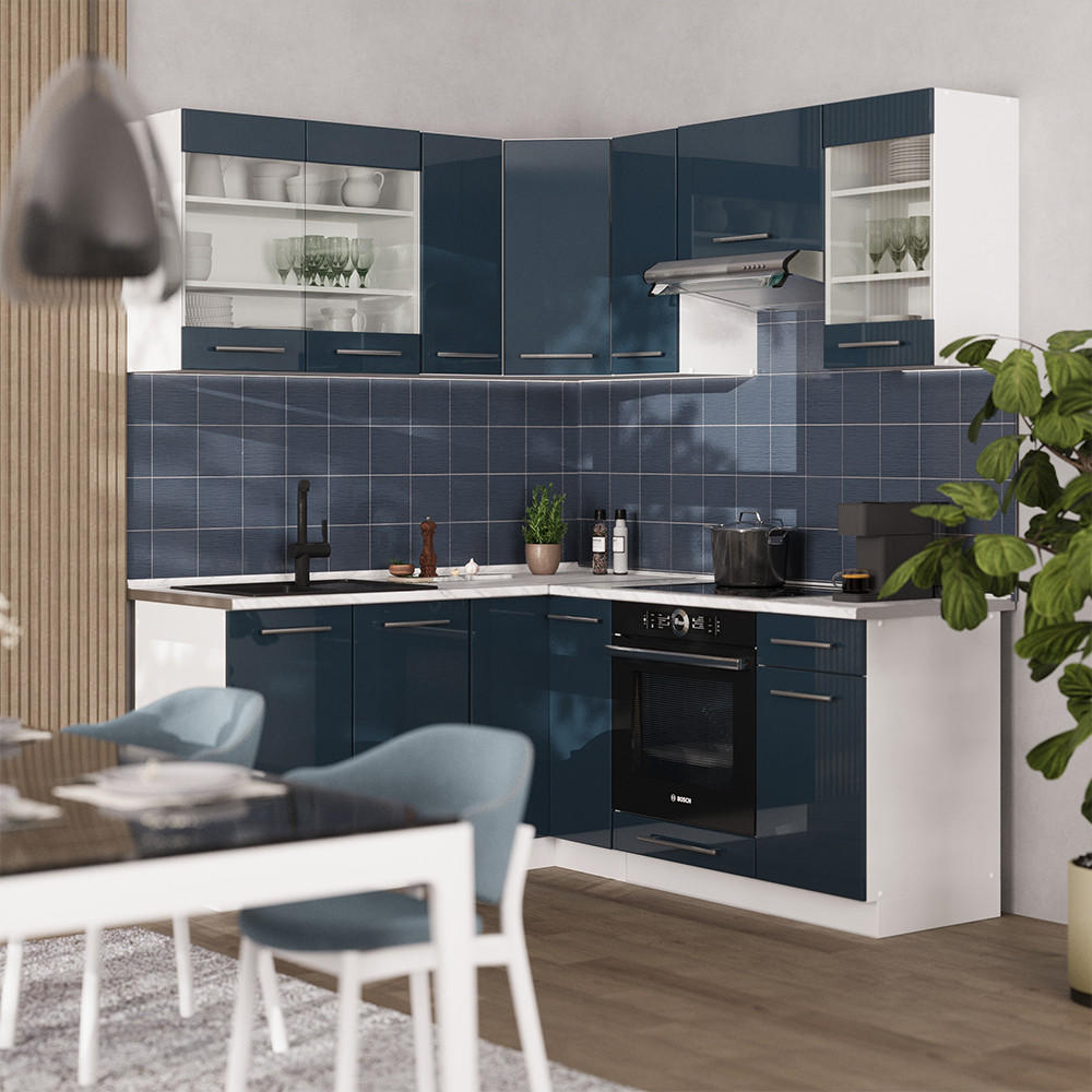 ECKKÜCHE Fame-Line Dunkelblau Hochglanz/Weiß 160 x 60 cm ohne AP - Dunkelblau/Weiß, Holzwerkstoff (190/81.6/46cm) - Vicco