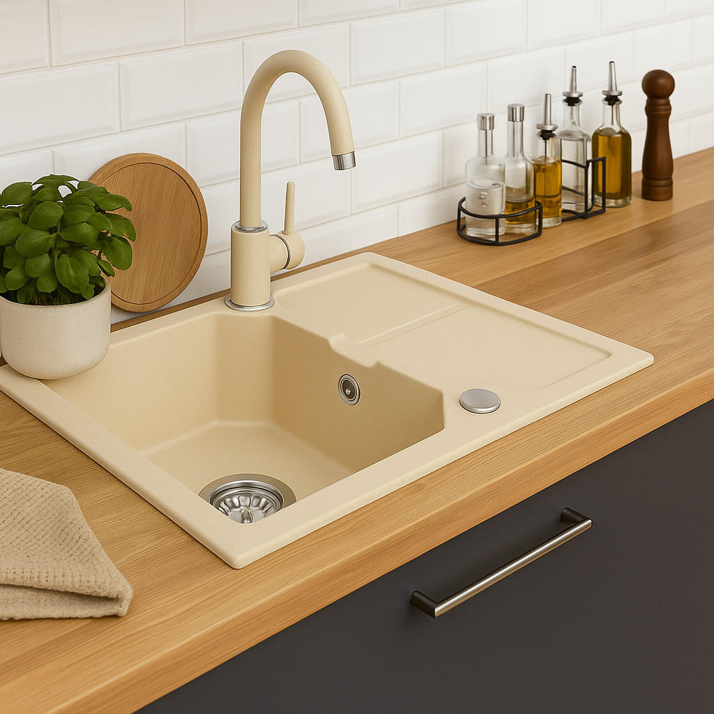 GRANITSPÜLE KKO sandfarben 600x435mm - Creme, Holzwerkstoff (43/17/43cm) - roe furniture