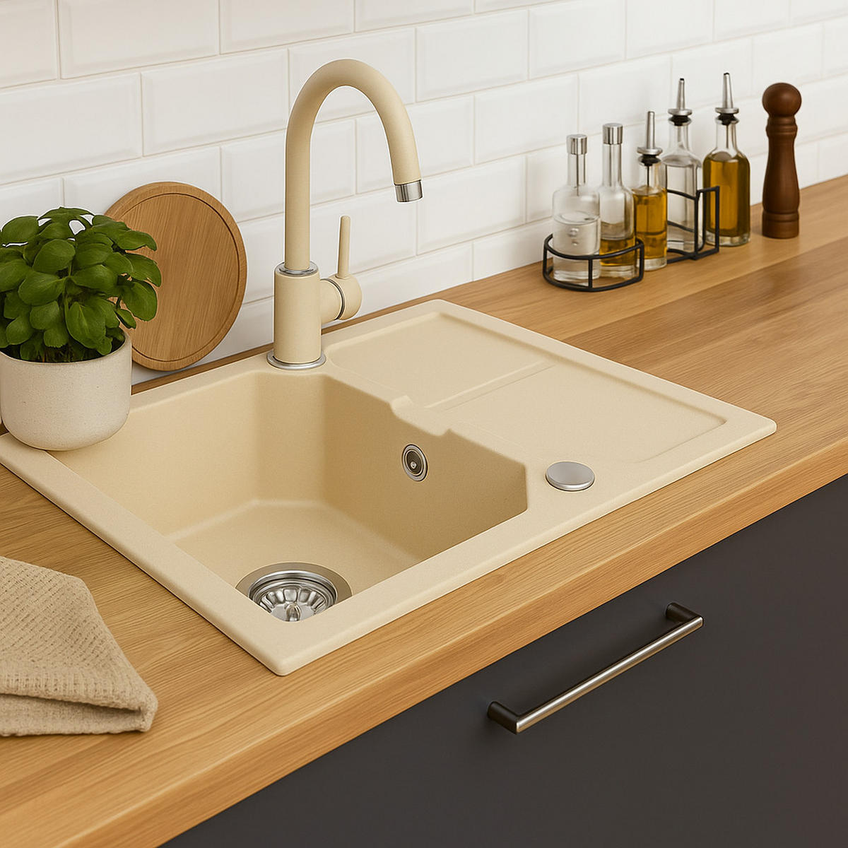 GRANITSPÜLE KKO sandfarben 600x435mm - Creme, Holzwerkstoff (43/17/43cm) - roe furniture