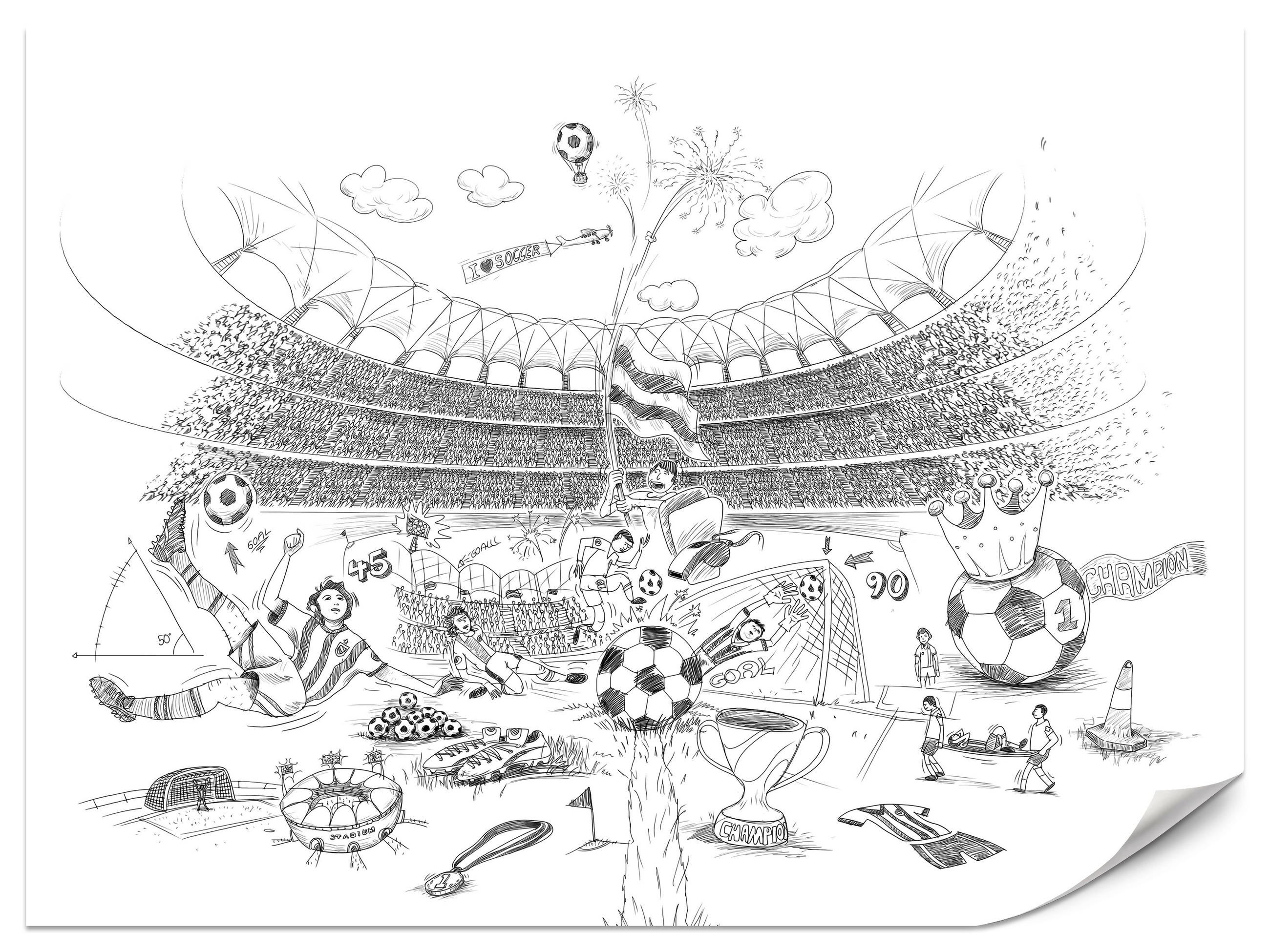 FOTOTAPETA Pre Detskú Izbu Futbalový Štadión Skica Hráč Lopta Pohár Šport 450 x 315 cm - sivá/biela, papier (450/315cm) - Muralo