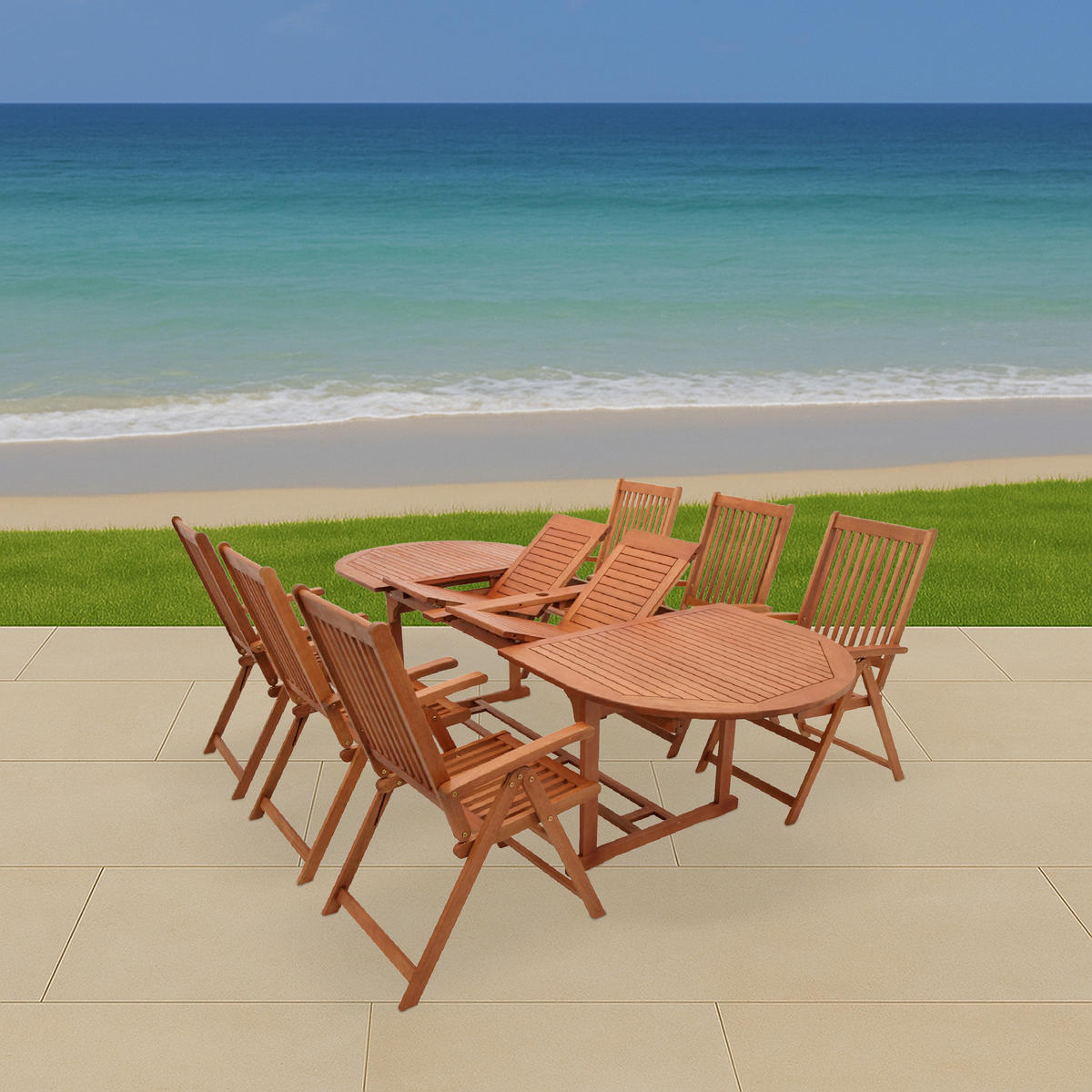 GARTEN-GARNITUR Lago Newtonnabbey - 7-teilige Garten-Essgruppe (6x Klappsessel Eukalyptus geölt, 1x Ausziehtisch 180/260x100cm, Eukalyptus - Braun, Holz - TPFGarden