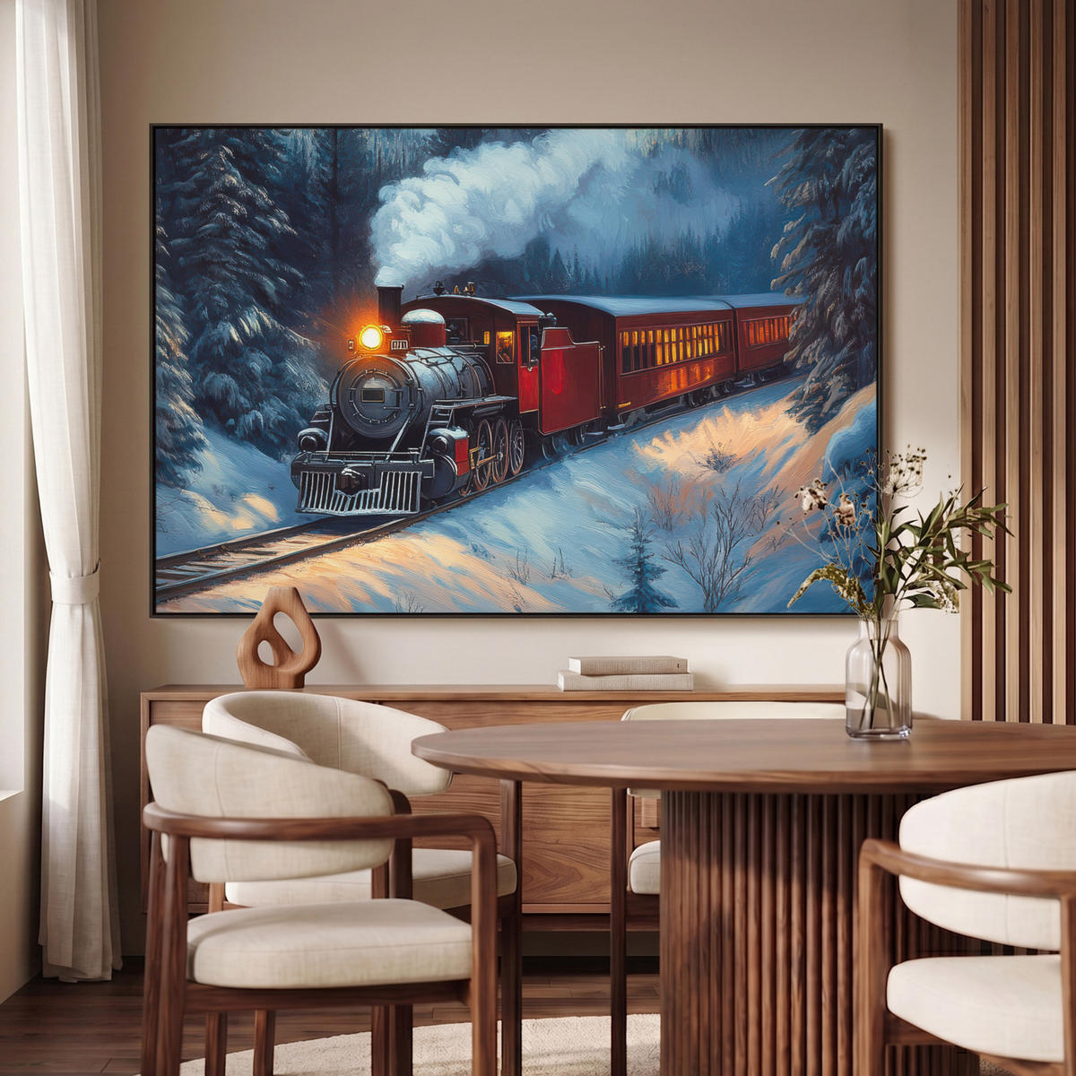 LEINWAND Bilder mit Rahmen - Zug - Weihnachten - Schnee - Weihnachtszug - 140x90 - Anthrazit, Textil (140/90cm) - MuchoWow