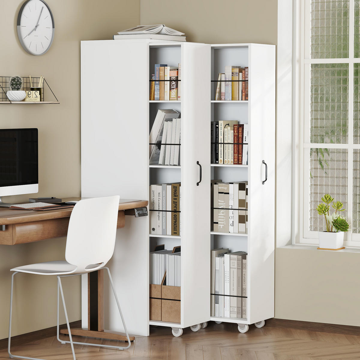 HIGHBOARD 51,5/41/158 cm in Weiß mit 8 offenen Fächern und Rollen - Weiß, Holzwerkstoff (51.5/158/41cm) - BEAOK