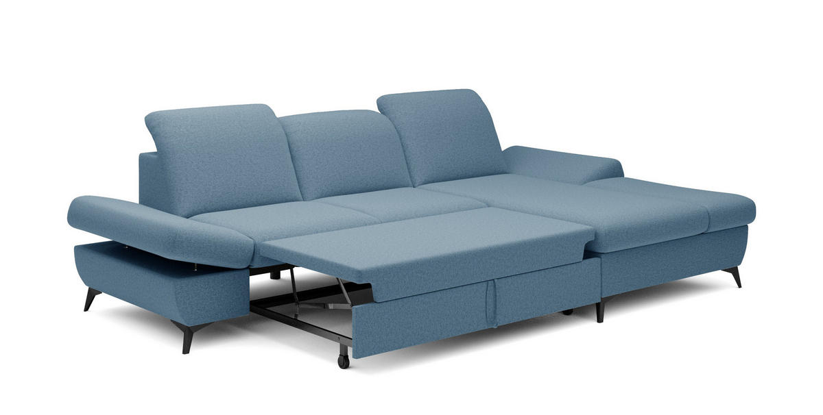 ECKSOFA FELICE R-S Blau Geflochtener Stoff mit Schlaffunktion - Blau, Holz (284/166cm) - MASSENO